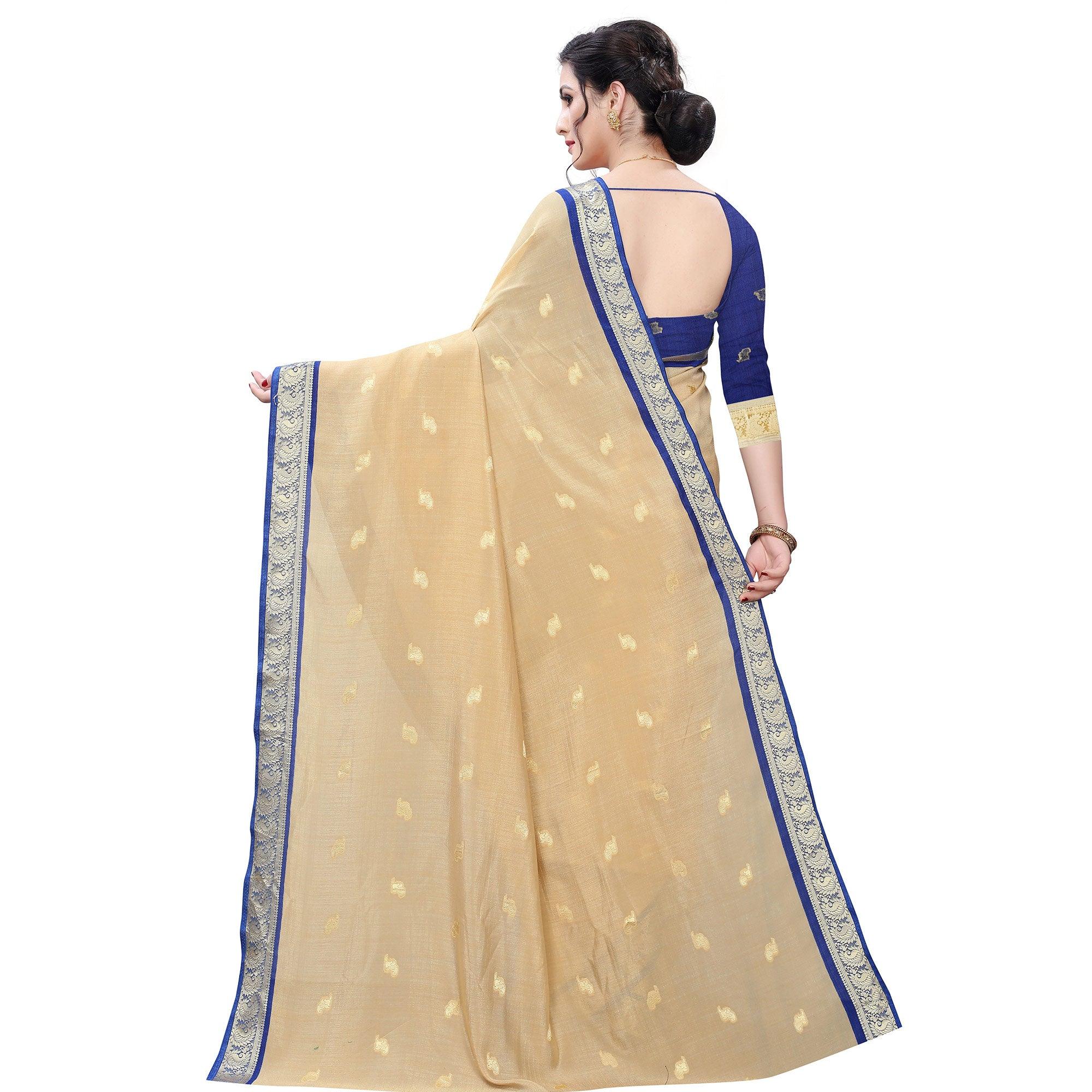 Peachmode Intricate Beige Colored Festive Wear Woven Vichitra Silk Saree - view 6