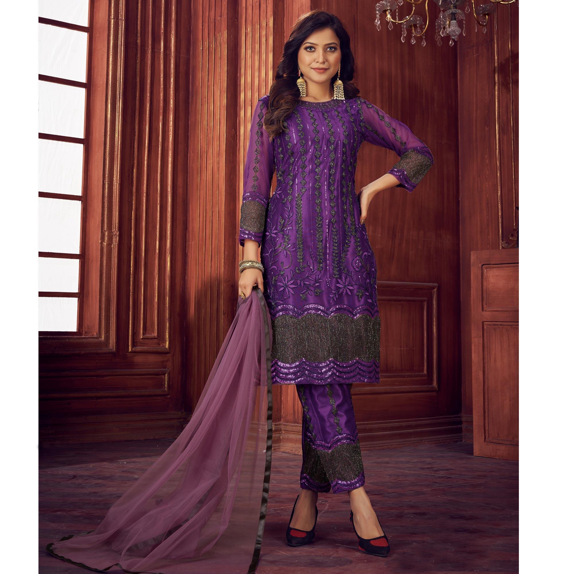 Peachmode Dark Purple Embroidered Netted Suit - view 4