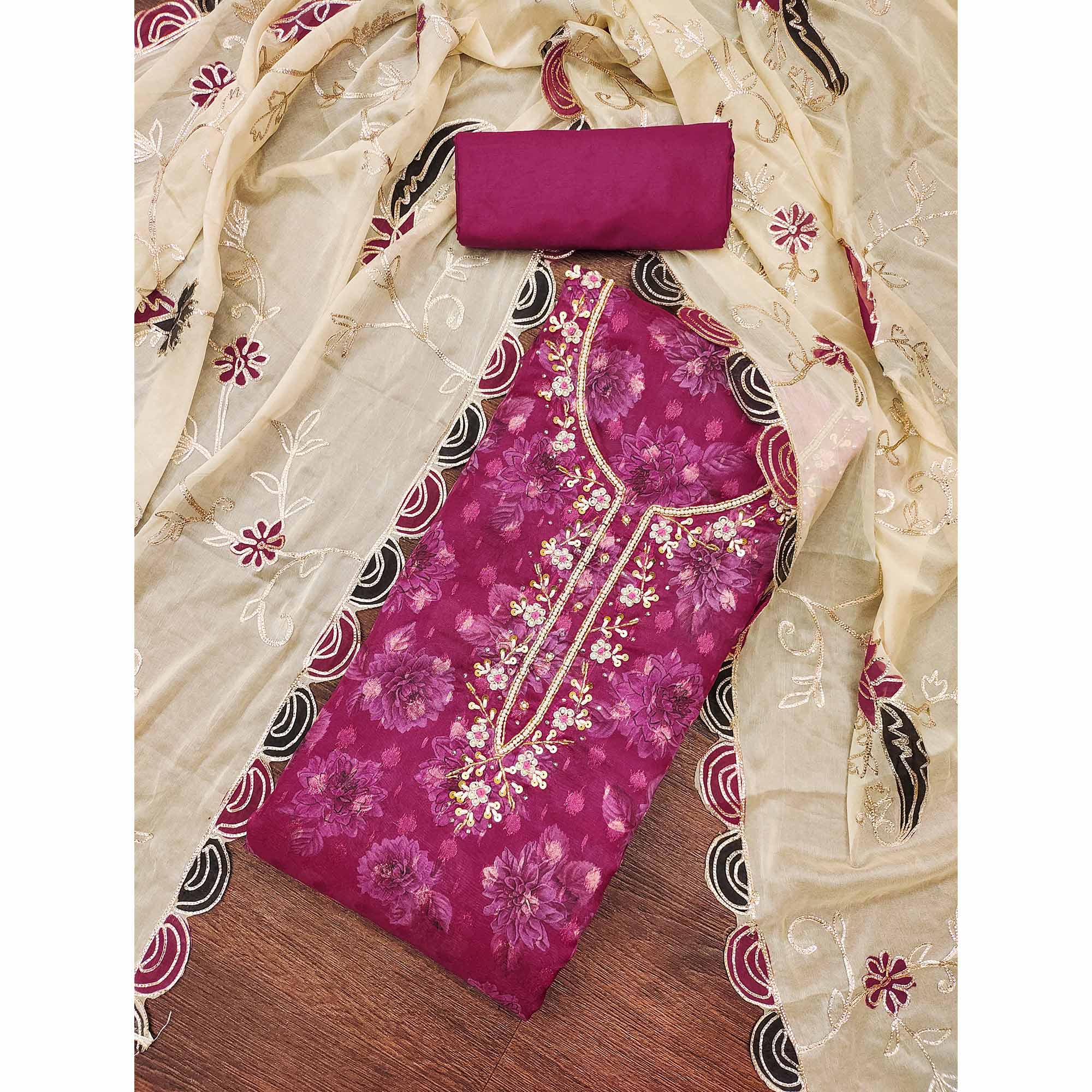 Peachmode Dark Magenta Floral Printed With Handwork Viscose Banarasi Dress Material - view 3