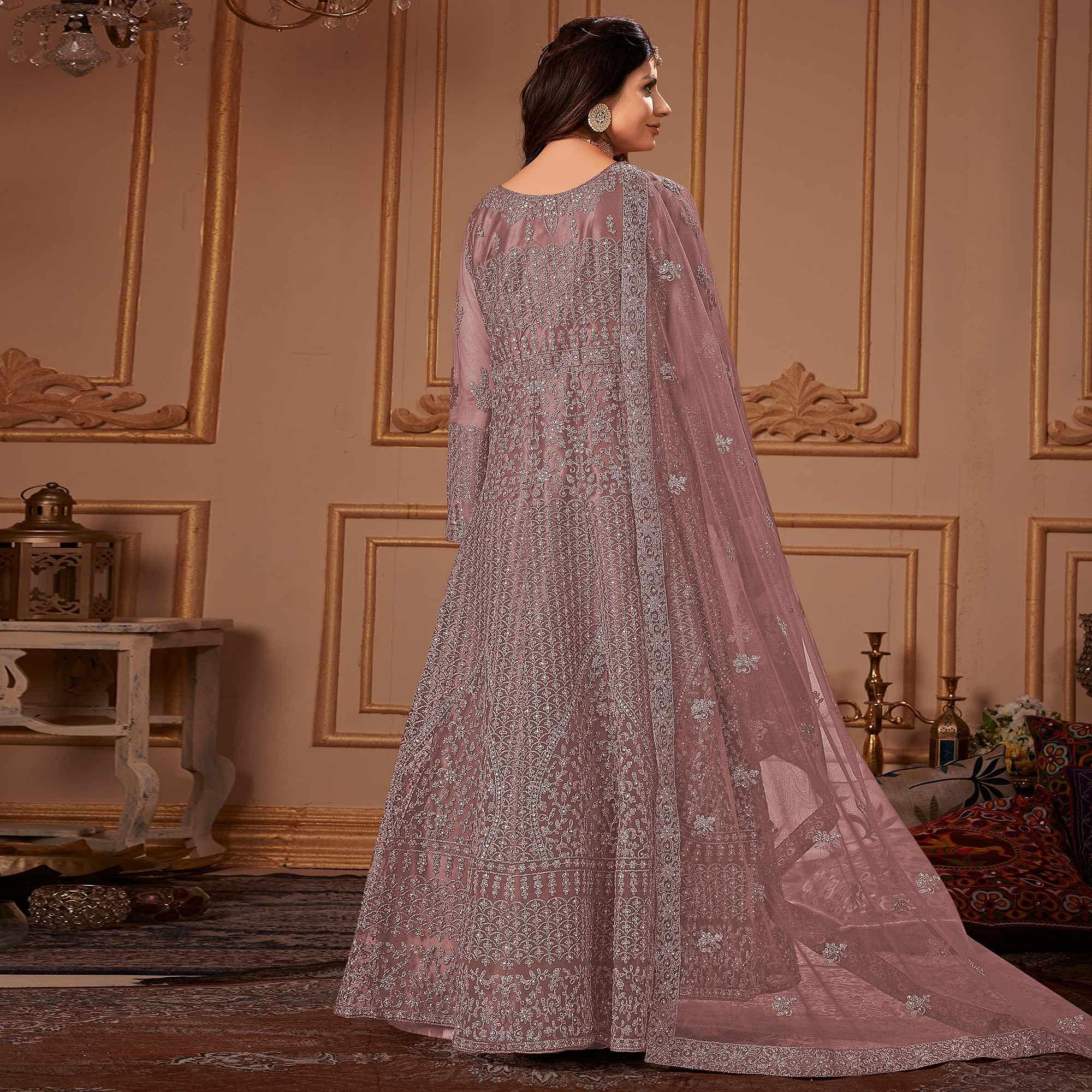Peachmode Seller Mauve Partywear Embroidery With Embellished Net Gown - view 2