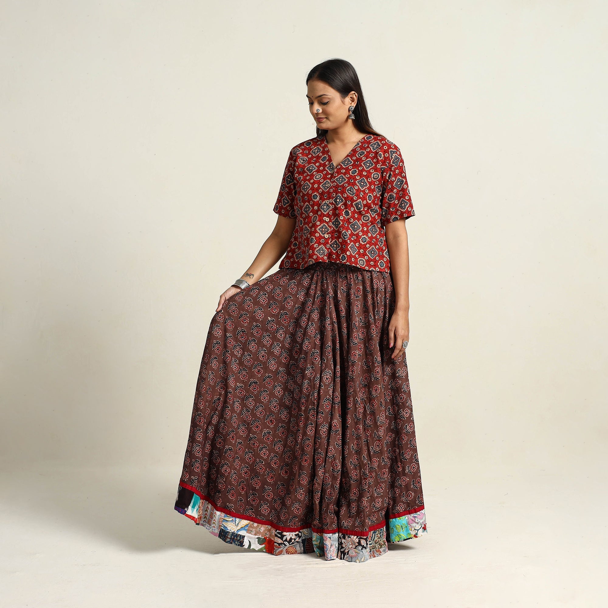 NOORI BAZAR Brown - Hand Block Printed Cotton Long Ajrakh Skirt 12