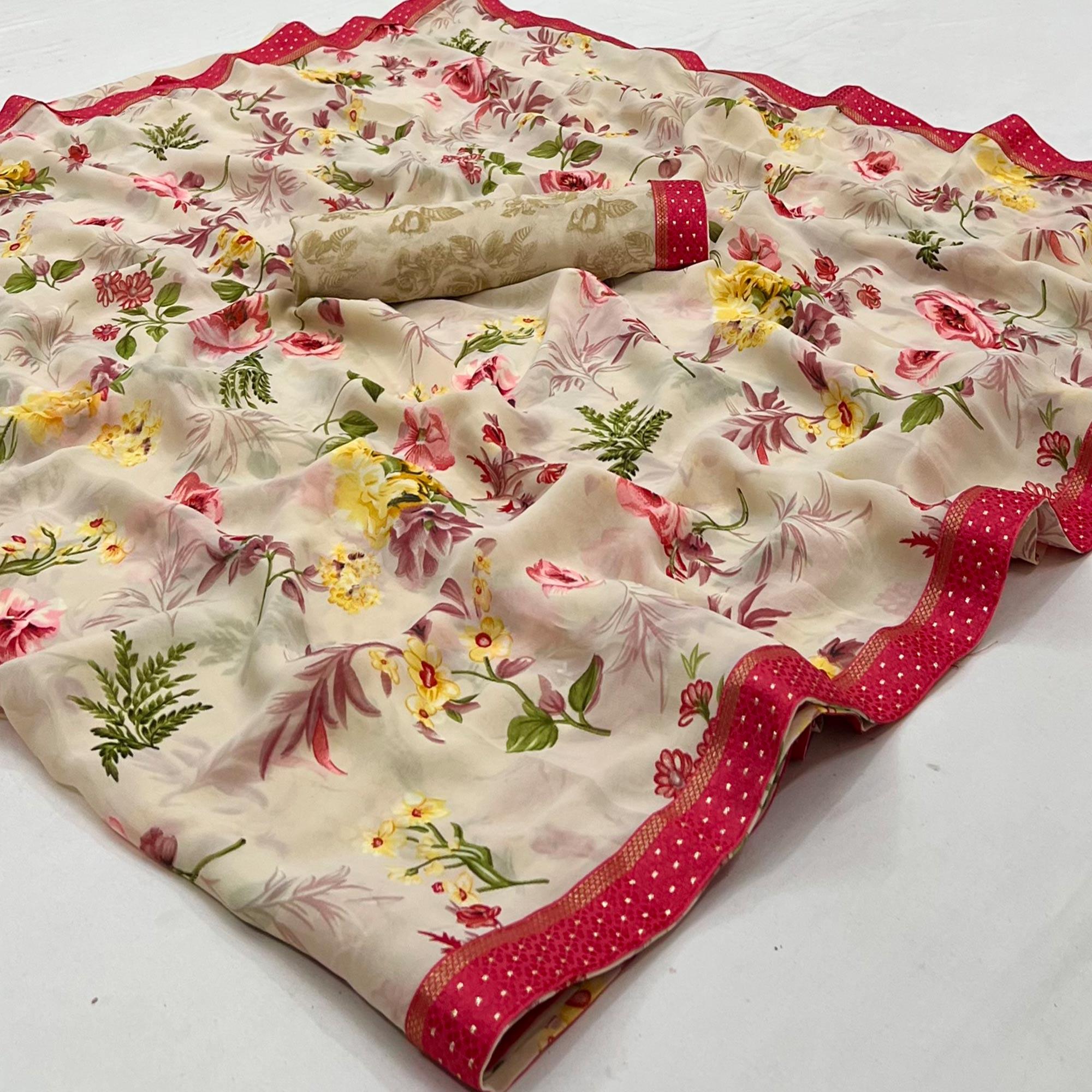Peachmode Cream Digital Printed Georgette Saree