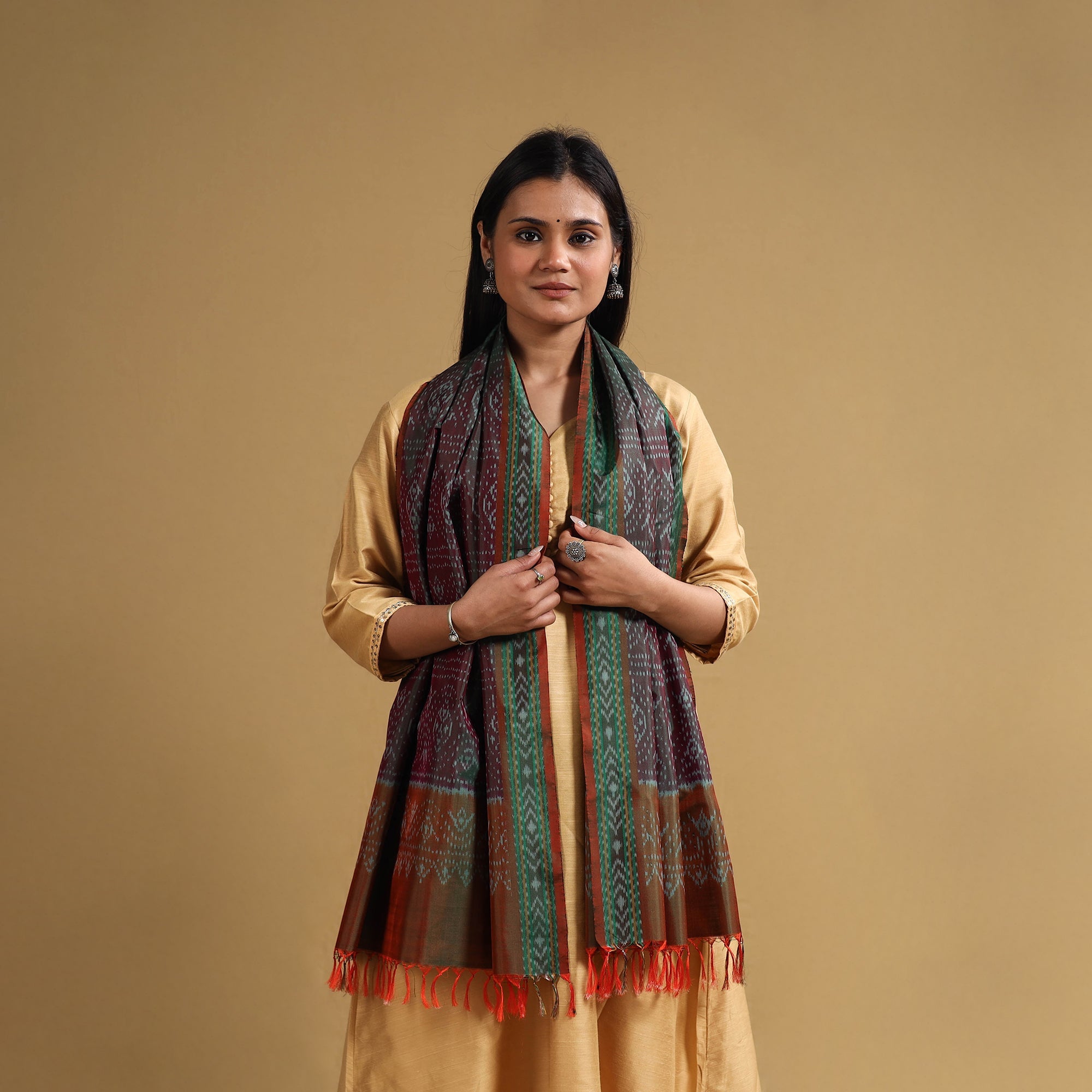 POCHAMPALLY IKAT WEAVES BY GOVARDHAN Brown - Handloom Mulberry Silk Pochampally Ikat Stole 12 - view 2