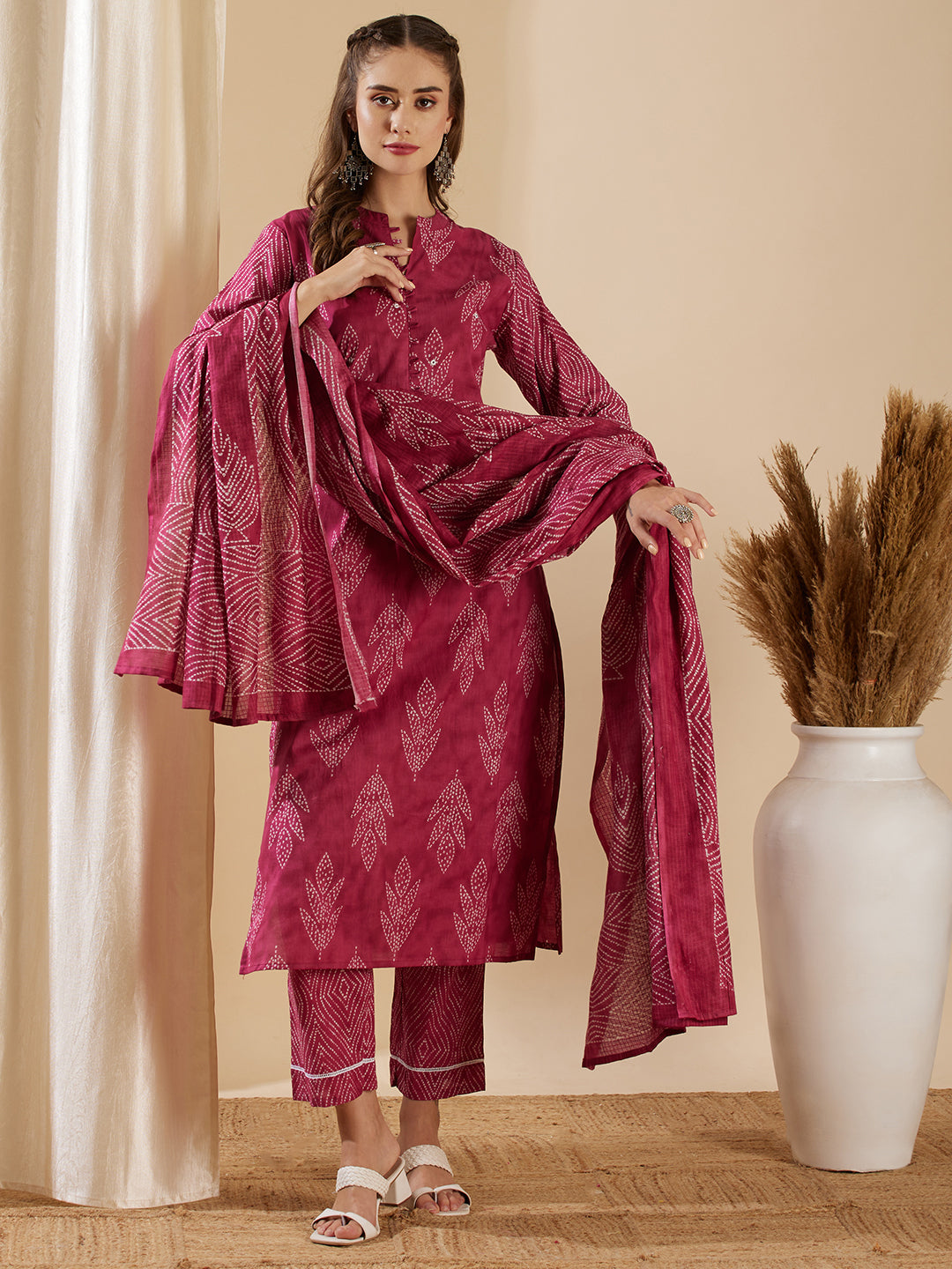 Fashor Ethnic Leaf Printed & Embroidered Straight Kurta with Pant & Dupatta - Magenta - view 2