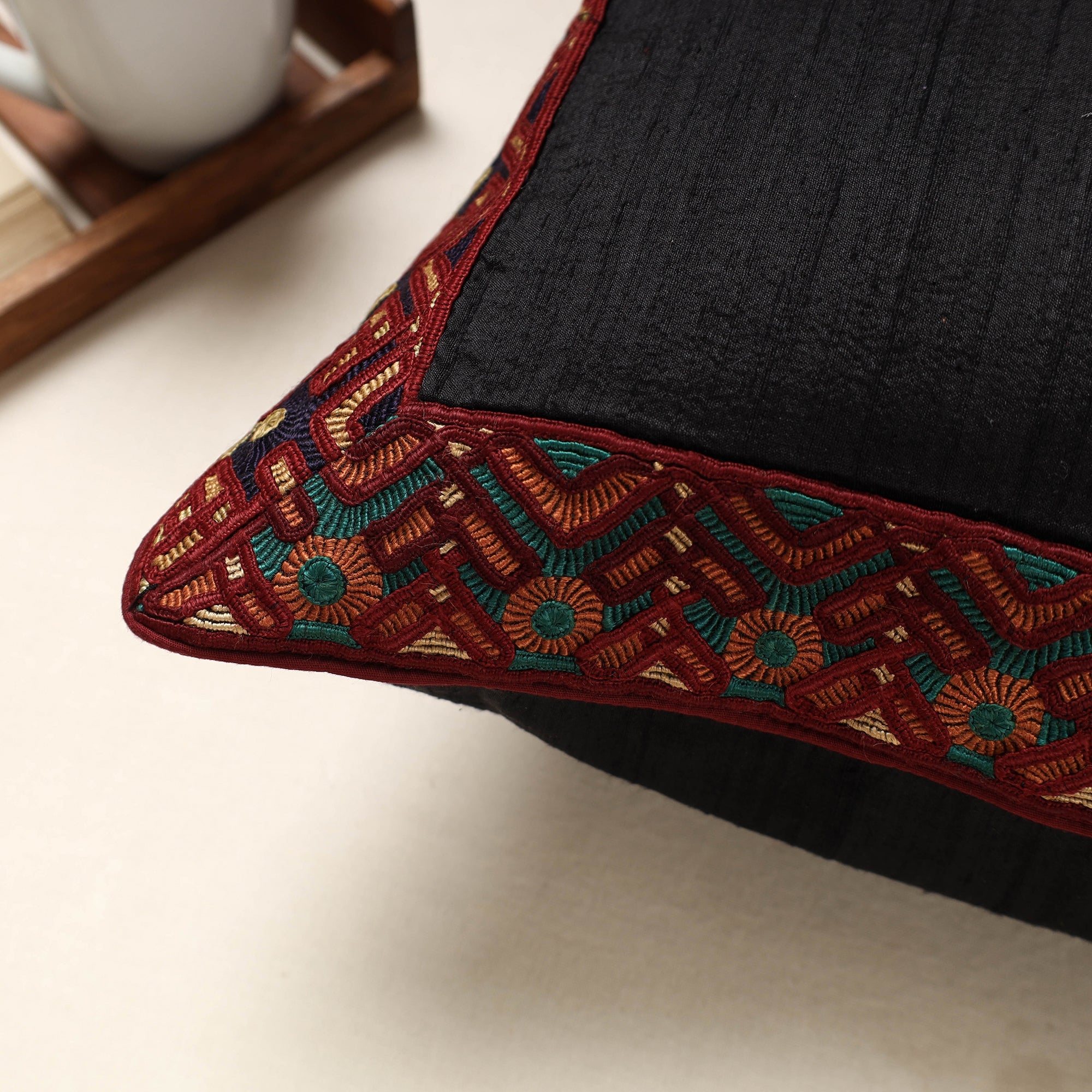 QASAB Black - Kutch Jat Hand Embroidery Border Silk Cushion Cover (16 x 16 in) - view 2