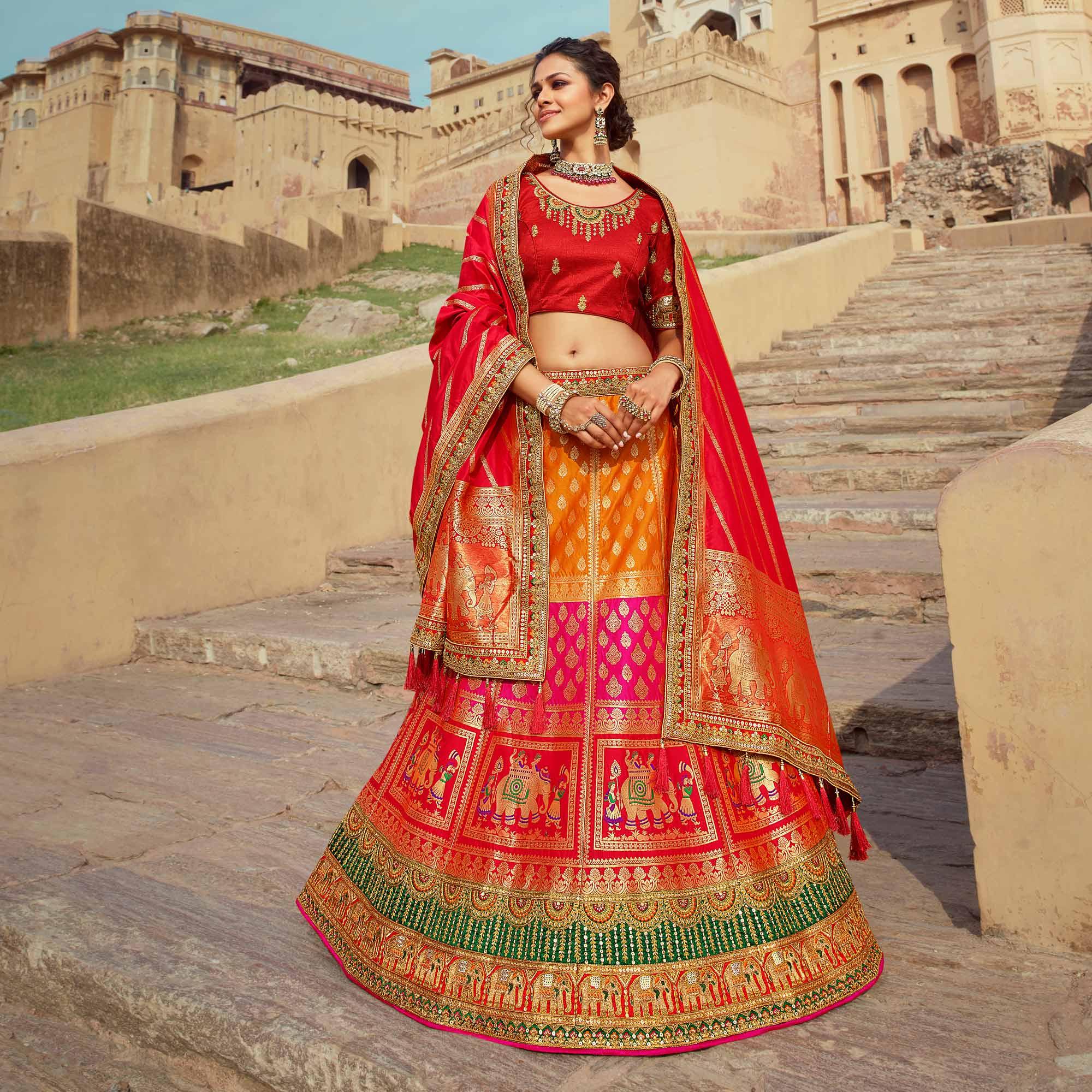 Peachmode Multicolor Festive Wear Woven Heavy Banarasi Silk Lehenga Choli - view 2