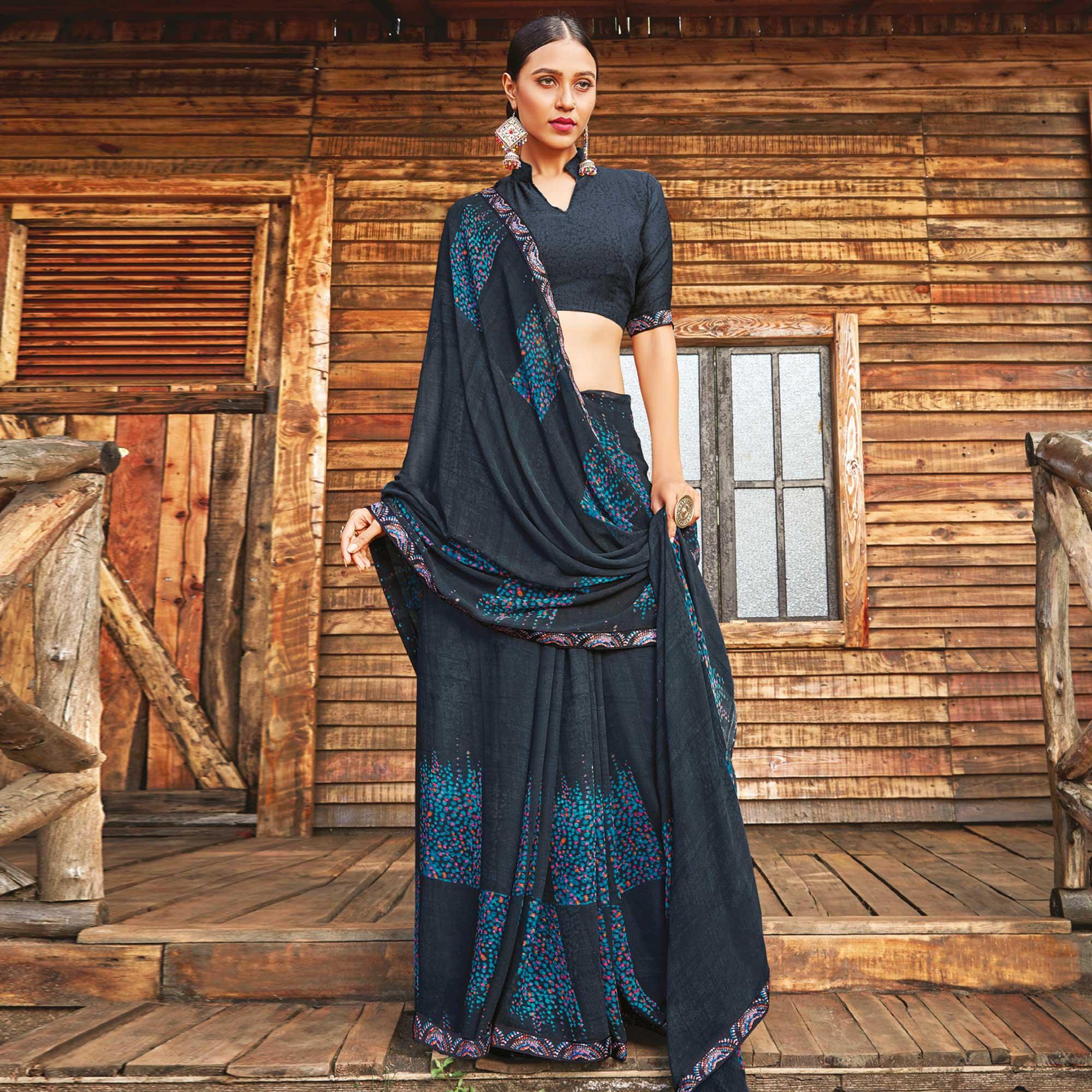 Peachmode Fantastic Dark Grey Coloured Partywear Pure Georgette Floral Printed Saree With Fancy Lace Border