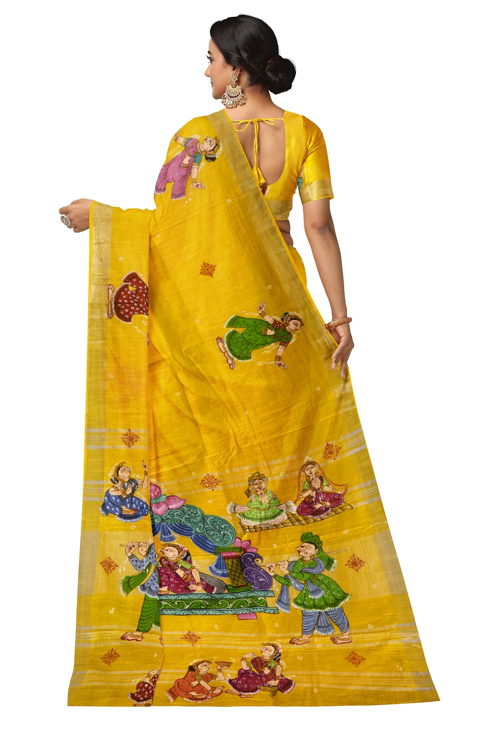 IndianVillèz Yellow Palki Theme Hand-Painted Pattachitra Saree (Pre Order)