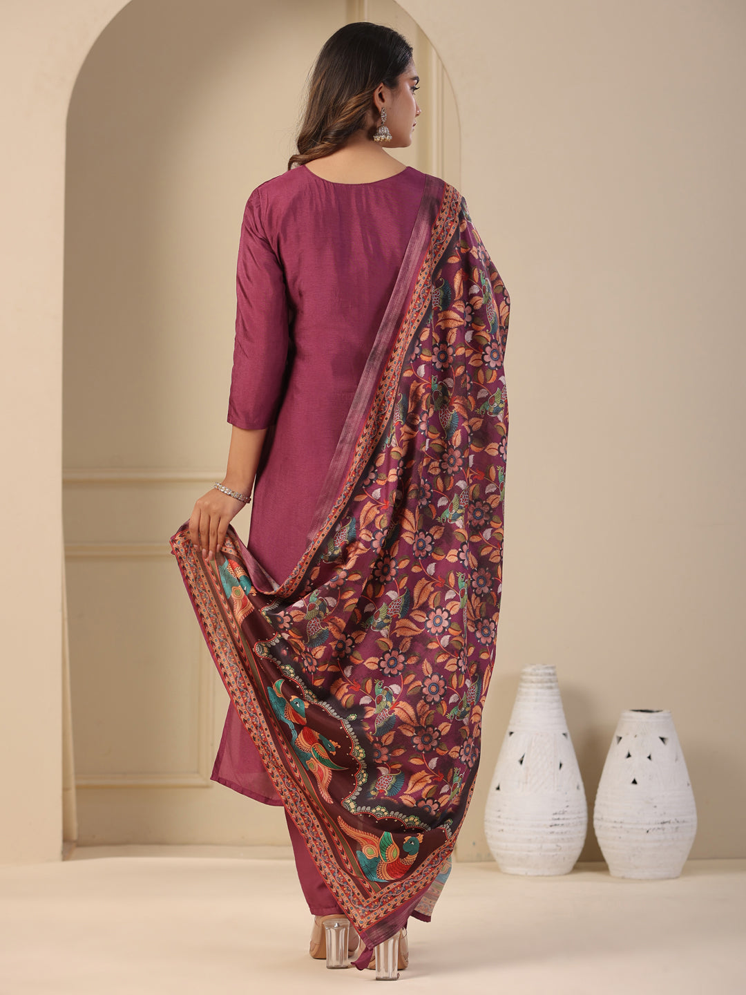Fashor Ethnic Jacquard Woven Straight Kurta with Pant & Dupatta - Purple - view 7