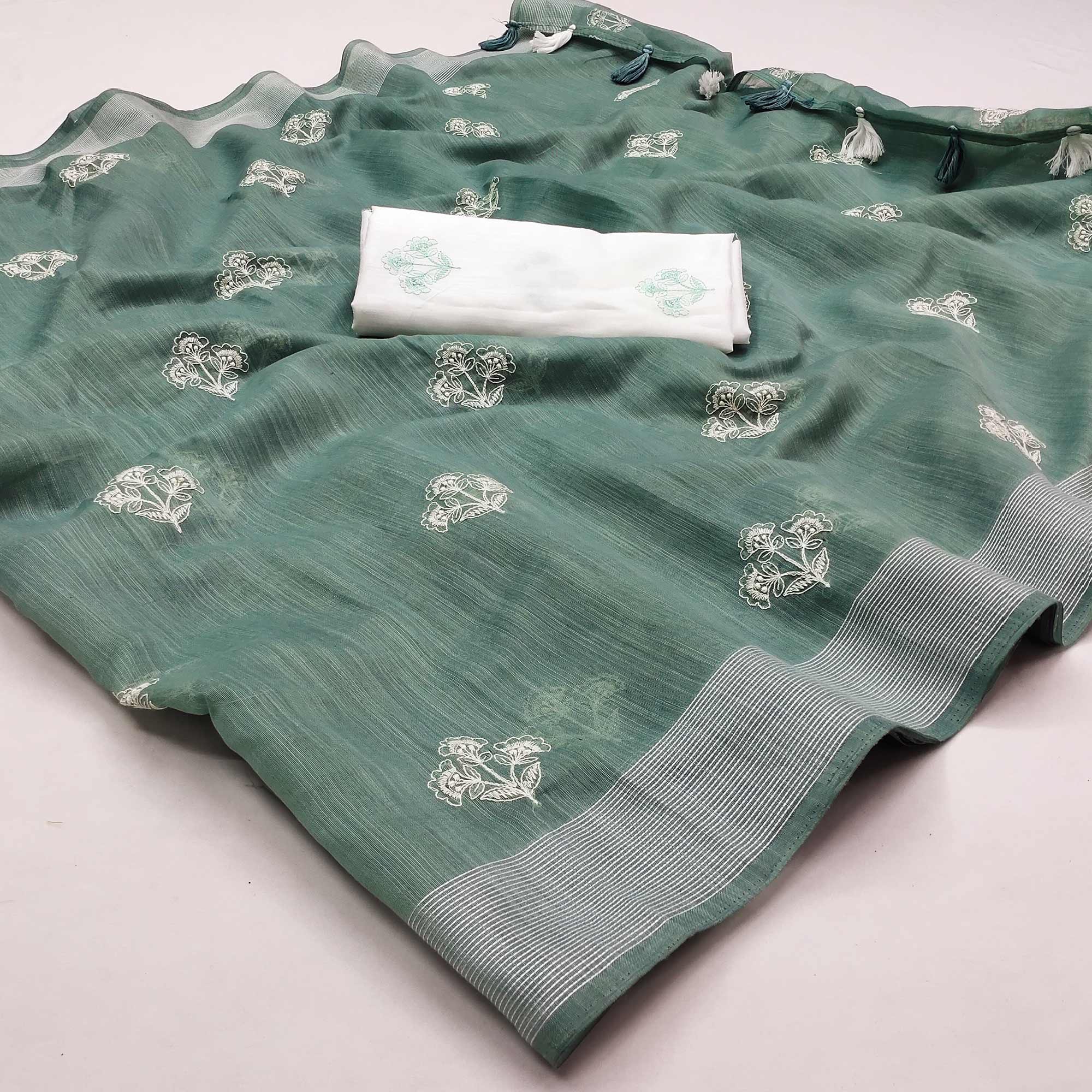 Green sarees – BlackTree green-floral-embroidered-raw-silk-saree