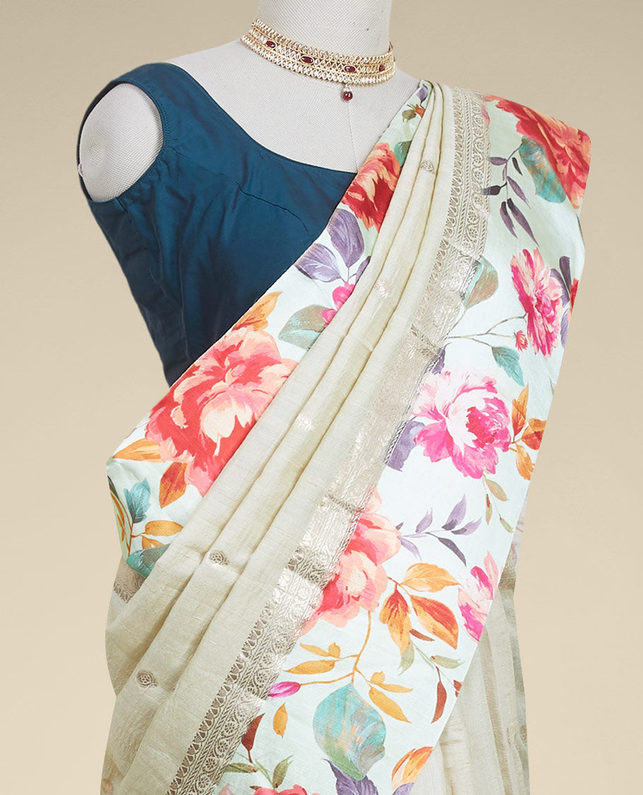 Pothys Sandal floral buttas tusser printed silk saree with contrast floral printed border