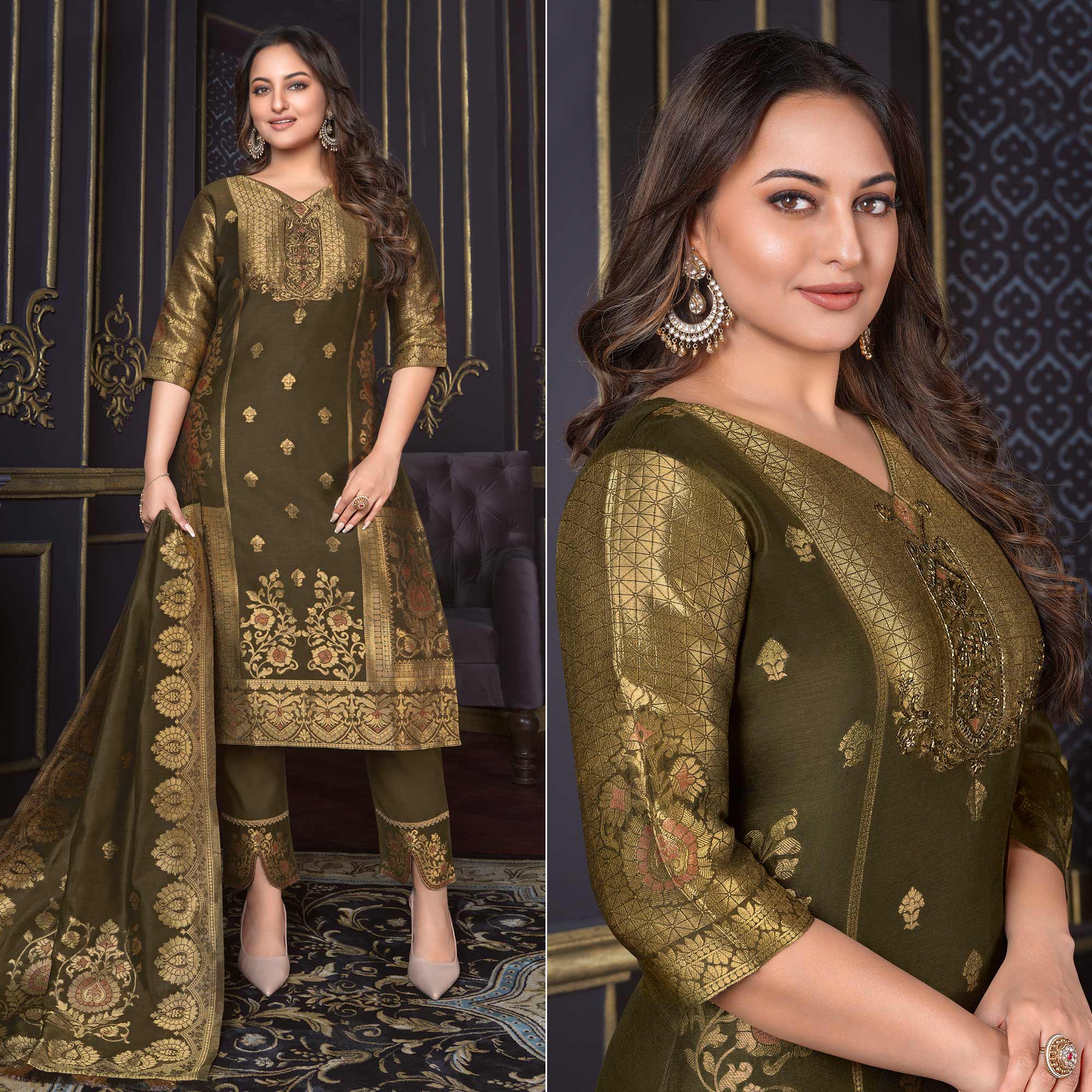 Peachmode Dark Olive Green Woven Banarasi Silk Salwar Suit