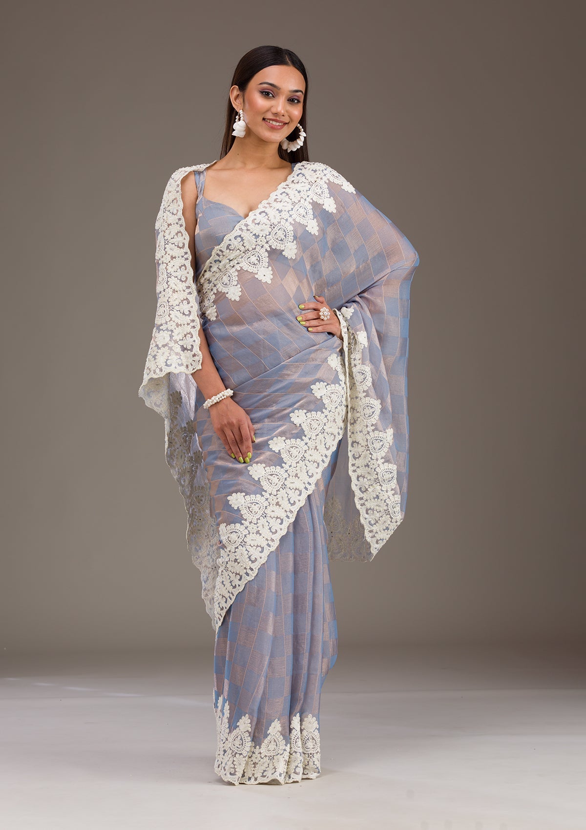 Koskii Grey Pearlwork Tissue Saree – Women's
