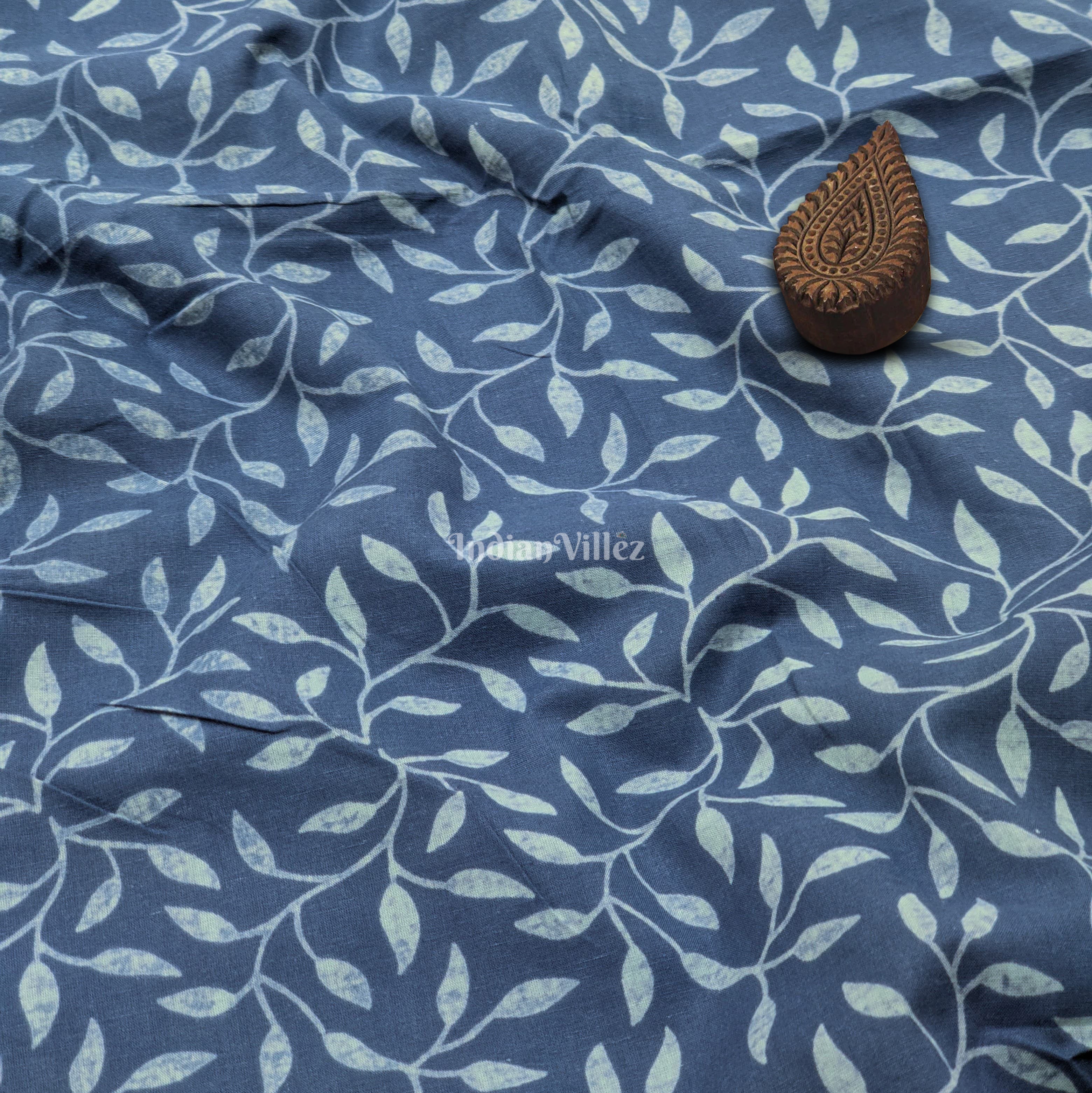 IndianVillèz Navy Blue Floral Hand Block Printed Cotton Fabric