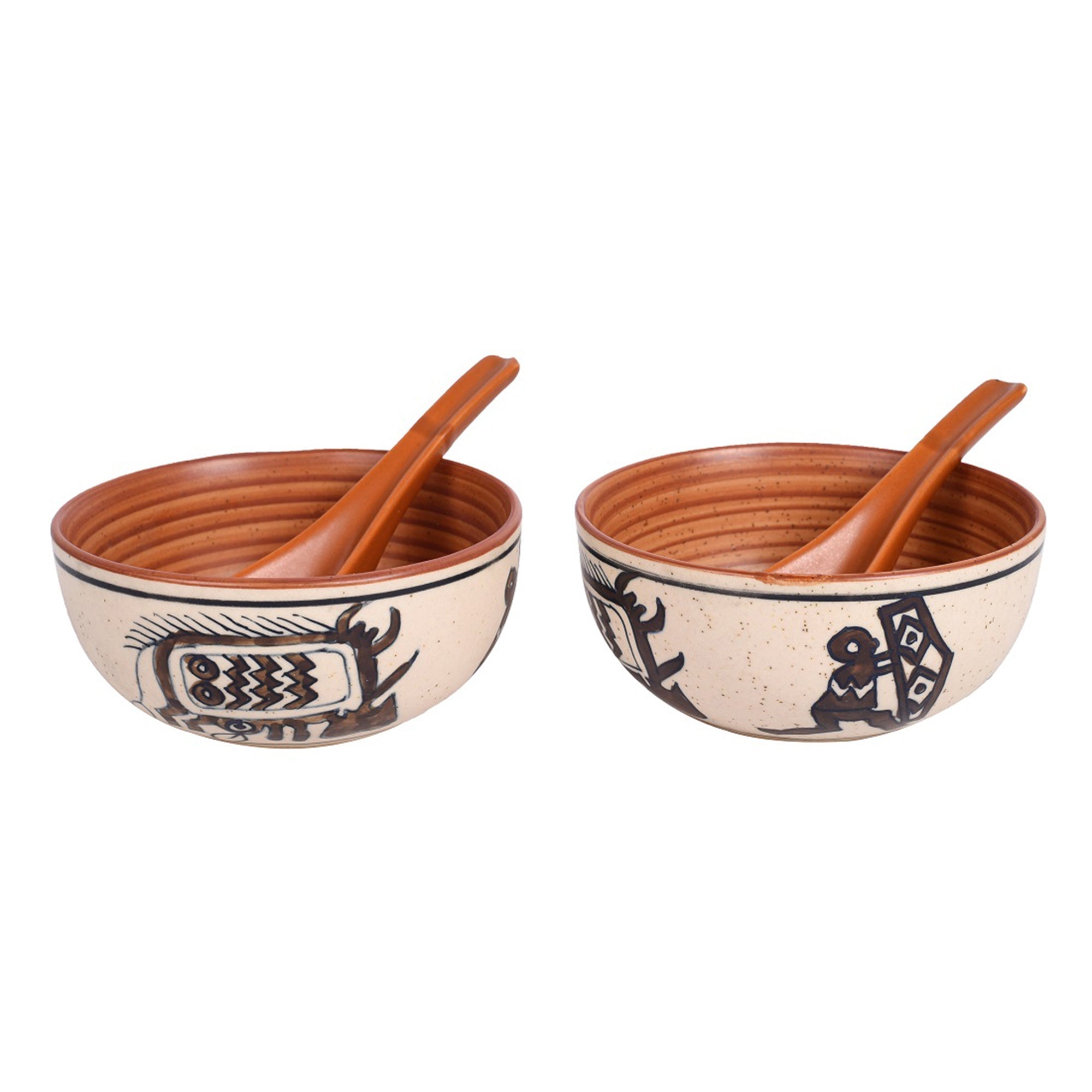 ART CREATIONS BY SUMAN SONTHALIA Beige - Soup Bowl Ceramic Tribal Motif with spoon (Set of 2) (2.2x5) - view 2