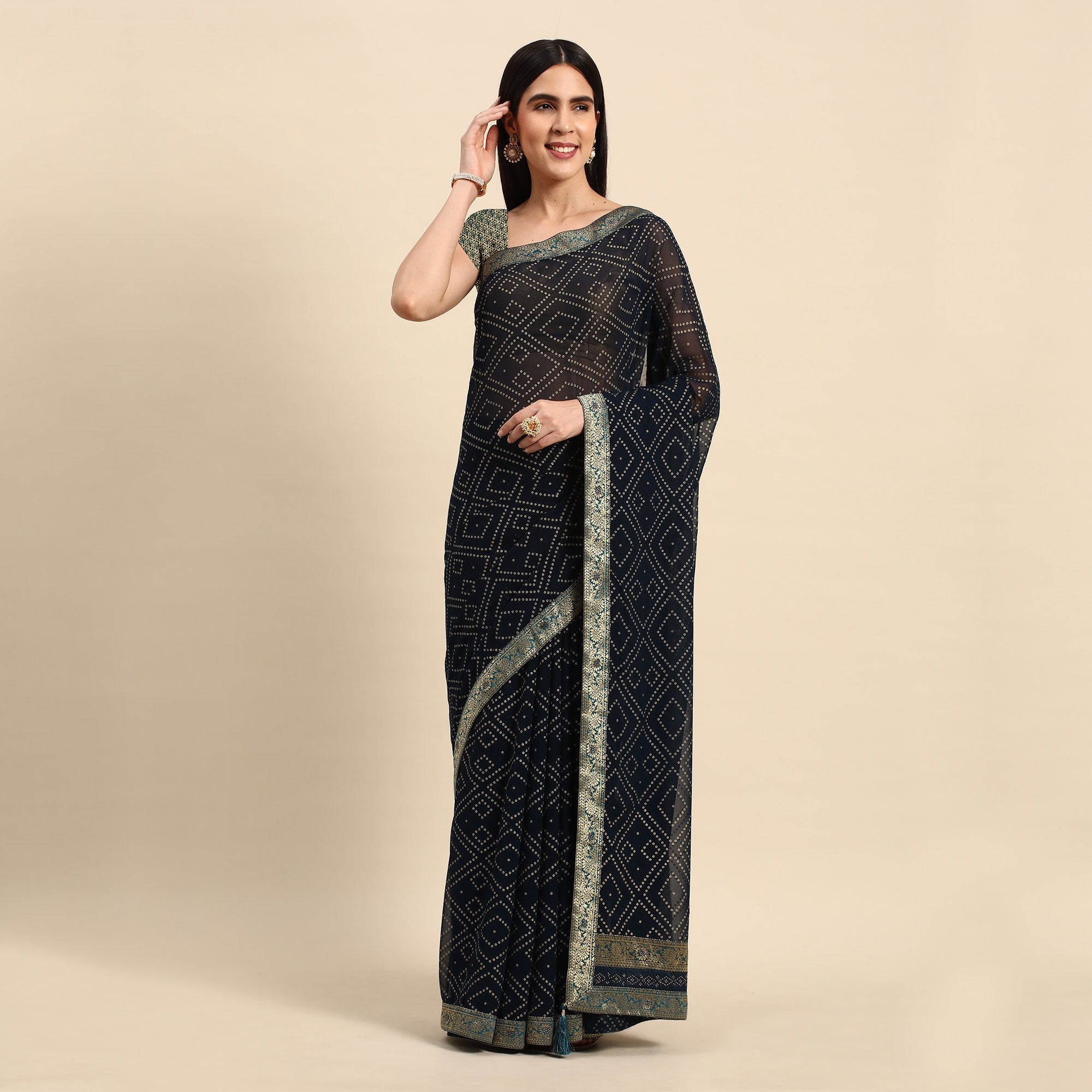 Peachmode Dark Blue Foil Printed With Swarovski Georgette Saree - view 2