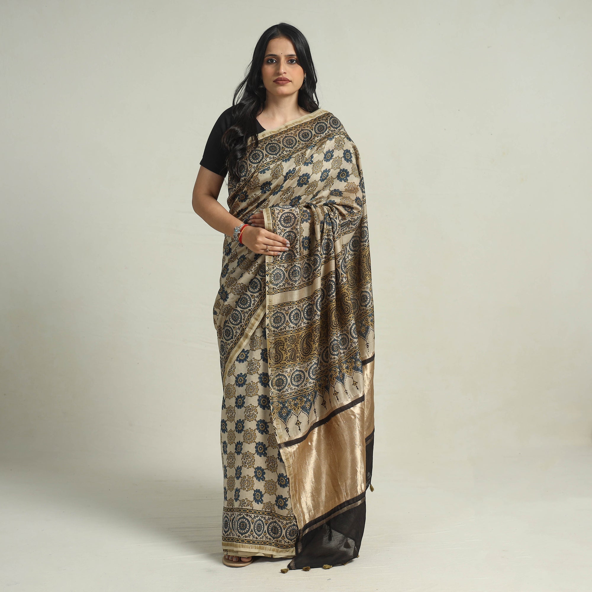 AJRAKH BY JABBAR KHATRI Beige - Chanderi Silk Block Printed Ajrakh Saree 10