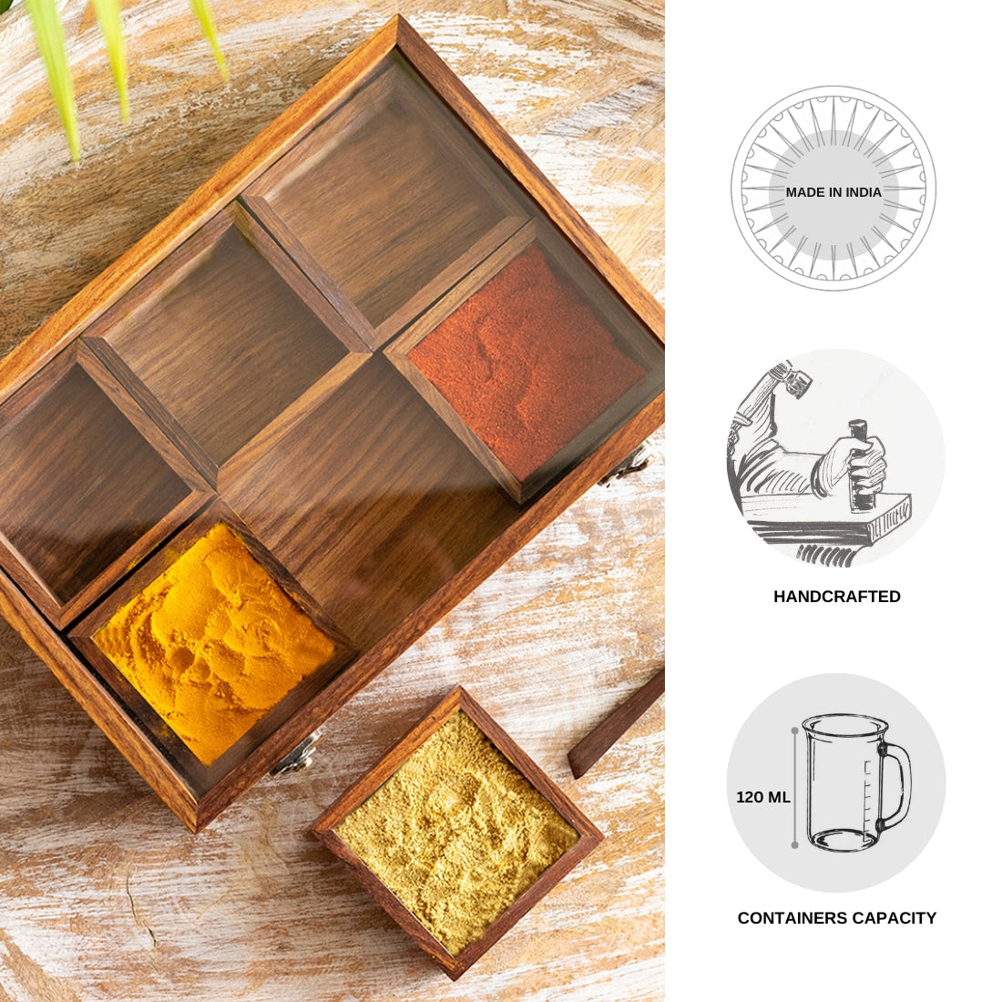 EXCLUSIVELANE 'Masala Blends' Handcrafted Spice Box With Spoon In Sheesham Wood (6 Large Containers, 120 ml) - view 6