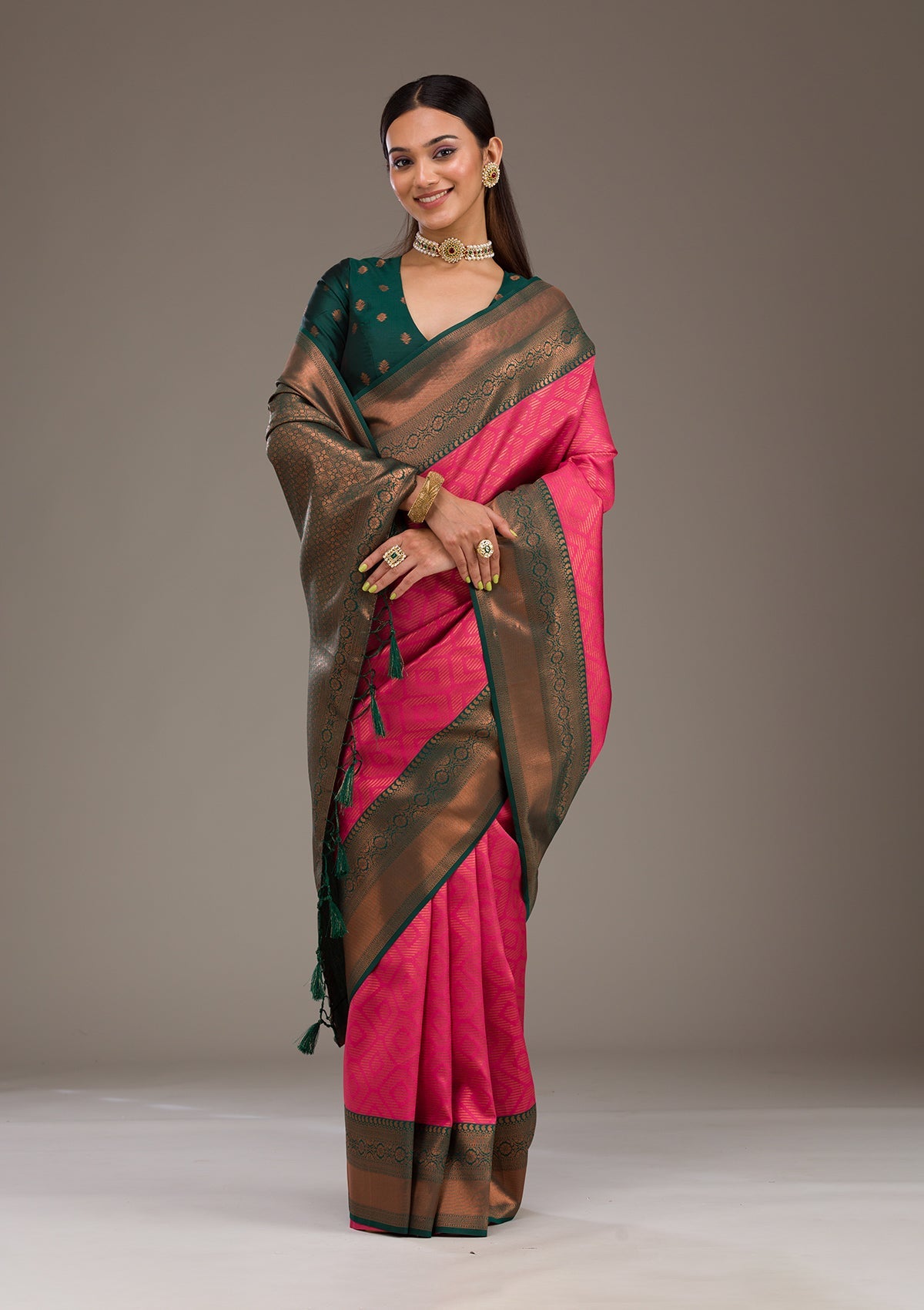 Koskii Rani Pink Zariwork Soft Silk Saree – Women's