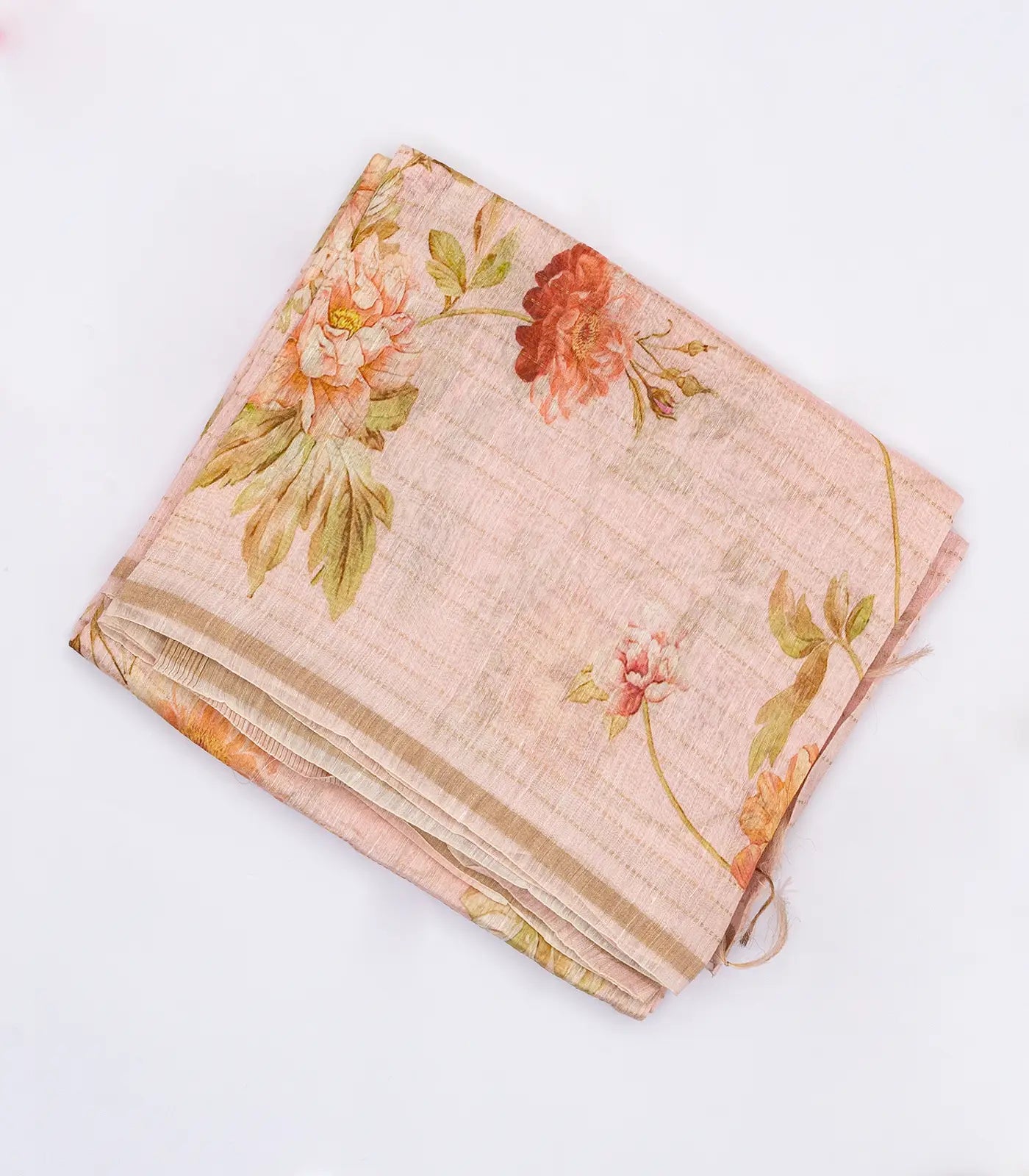 RmKV Baby Pink Handloom Linen Saree With Printed Floral Motifs & Stripes