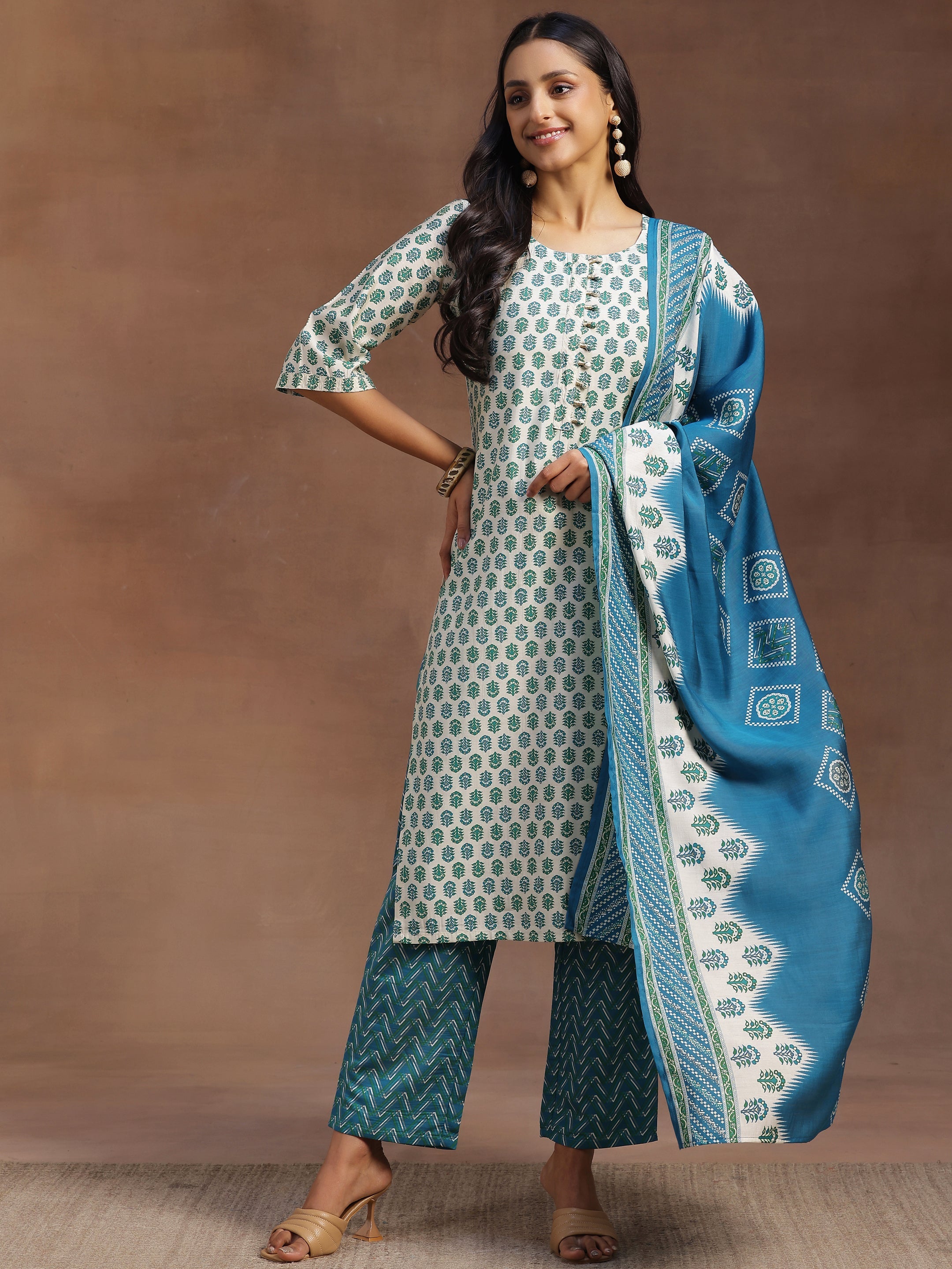 Libas Beige Printed Silk Blend Straight Suit With Dupatta - view 2