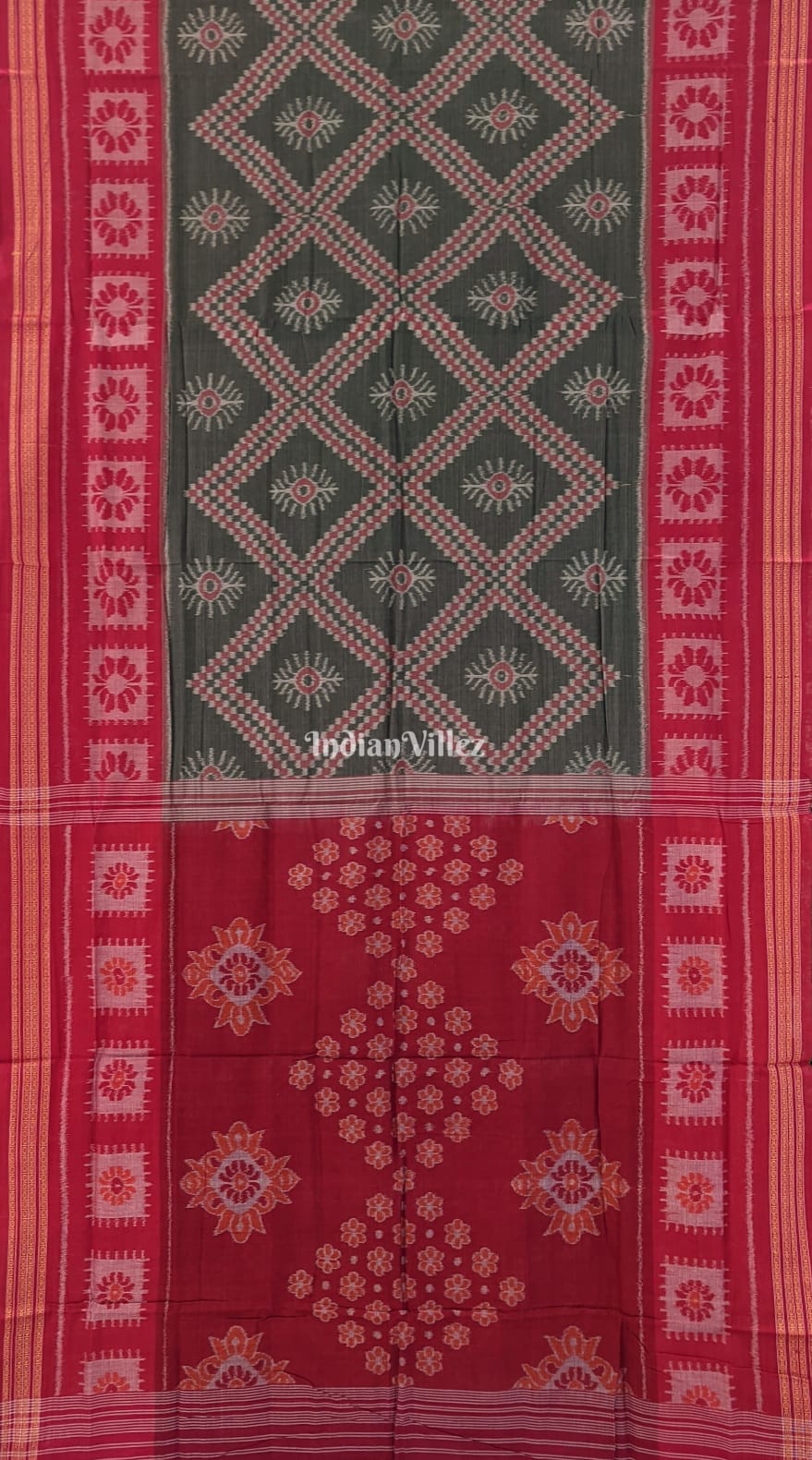 IndianVillèz Basil Green Red Tarabali Sambalpuri Cotton Saree