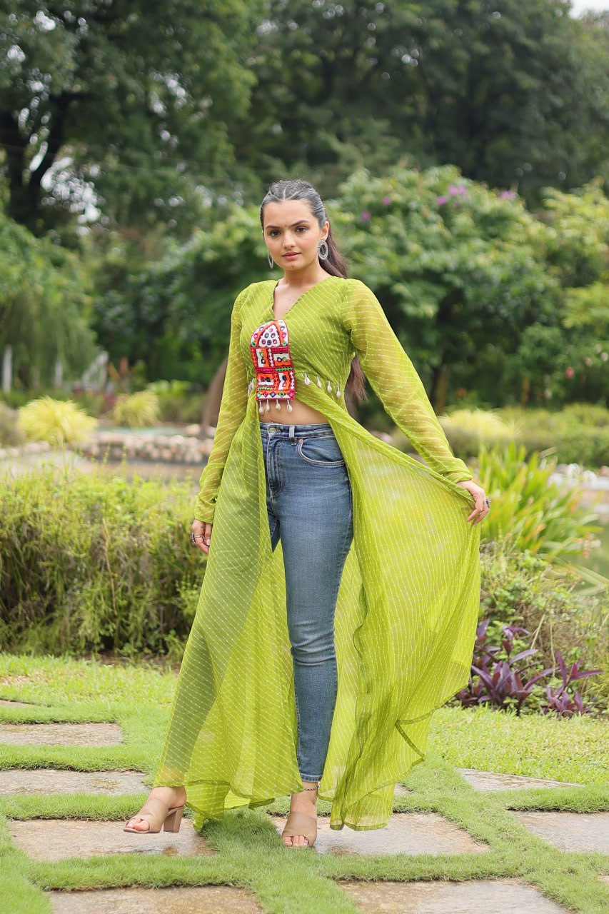 ClothsVilla Green Faux Georgette Leheriya Print Kurti with Kutchi Patchwork - view 2