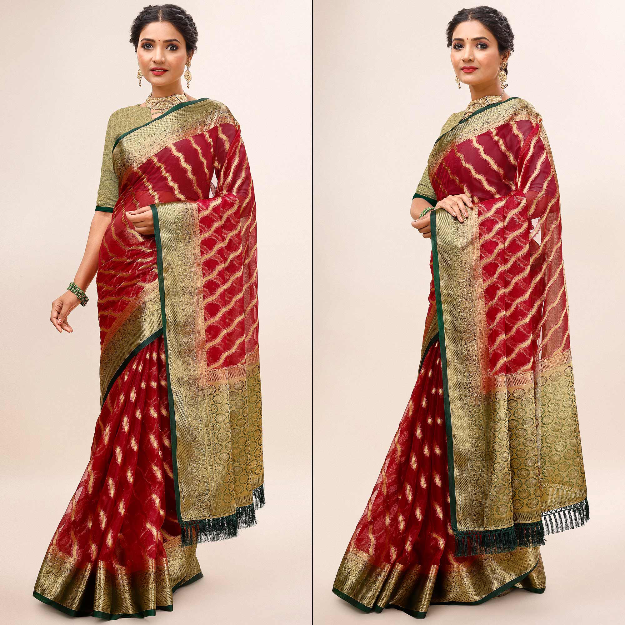 Peachmode Maroon Woven Organza Saree With Tassels