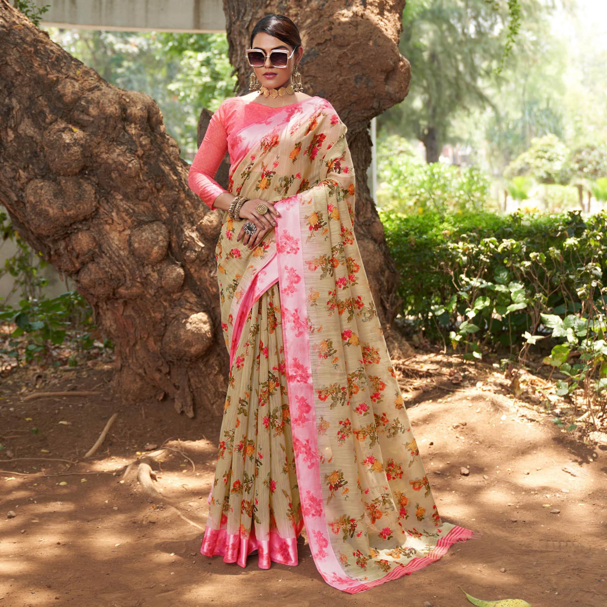 Peachmode Chikoo Floral Printed Linen Saree – Women's