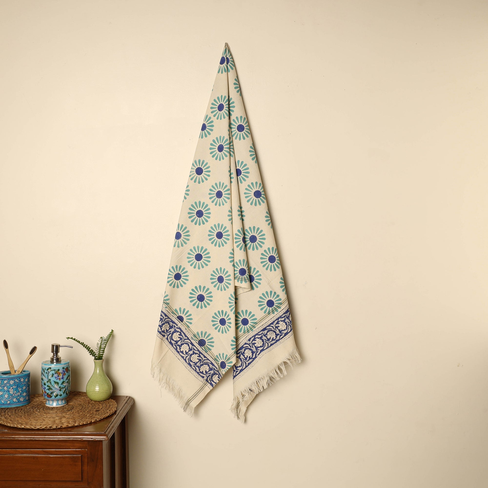 ARTISAN HAND BLOCK PRINTS Beige - Block Printed Handloom Cotton Sanganeri Towel 25