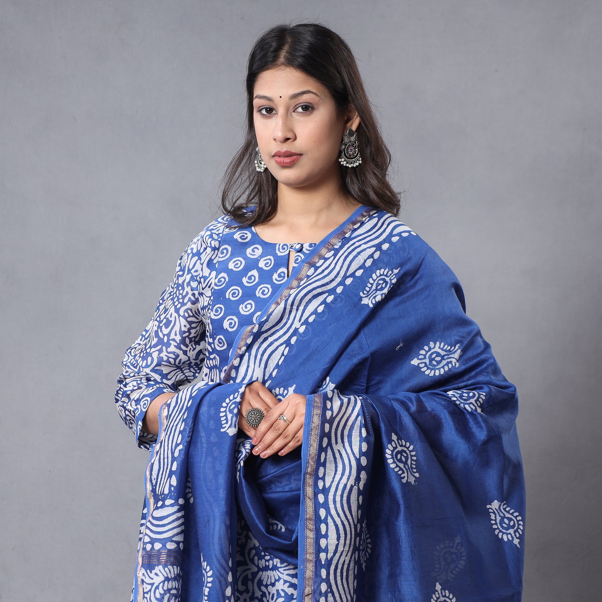ITOKRI CASUALS Blue - Hand Batik Printing Chanderi Silk Kurta with Palazzo & Dupatta Set - view 2