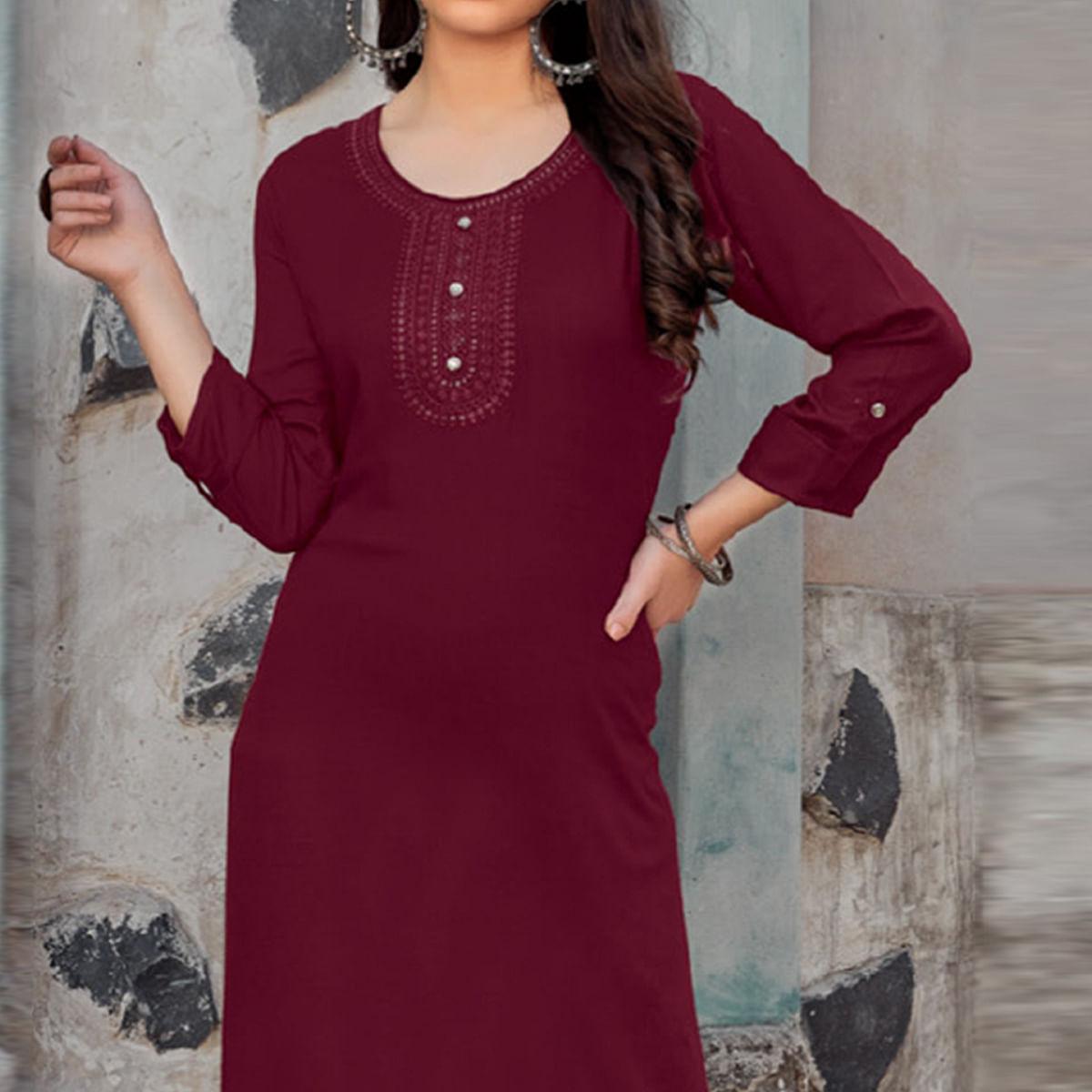 Peachmode Seller Maroon Sequins Embroidered Pure Cotton Kurti - view 2