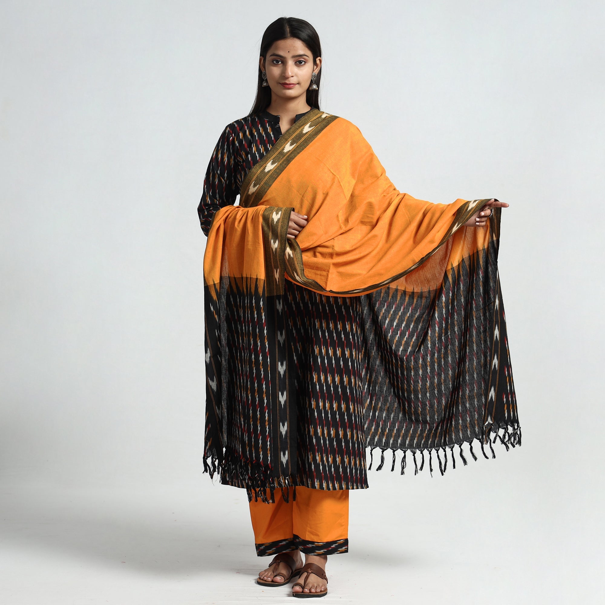 ITOKRI CASUALS Black - Pochampally Ikat Weave Cotton Kurta with Palazzo & Dupatta Set