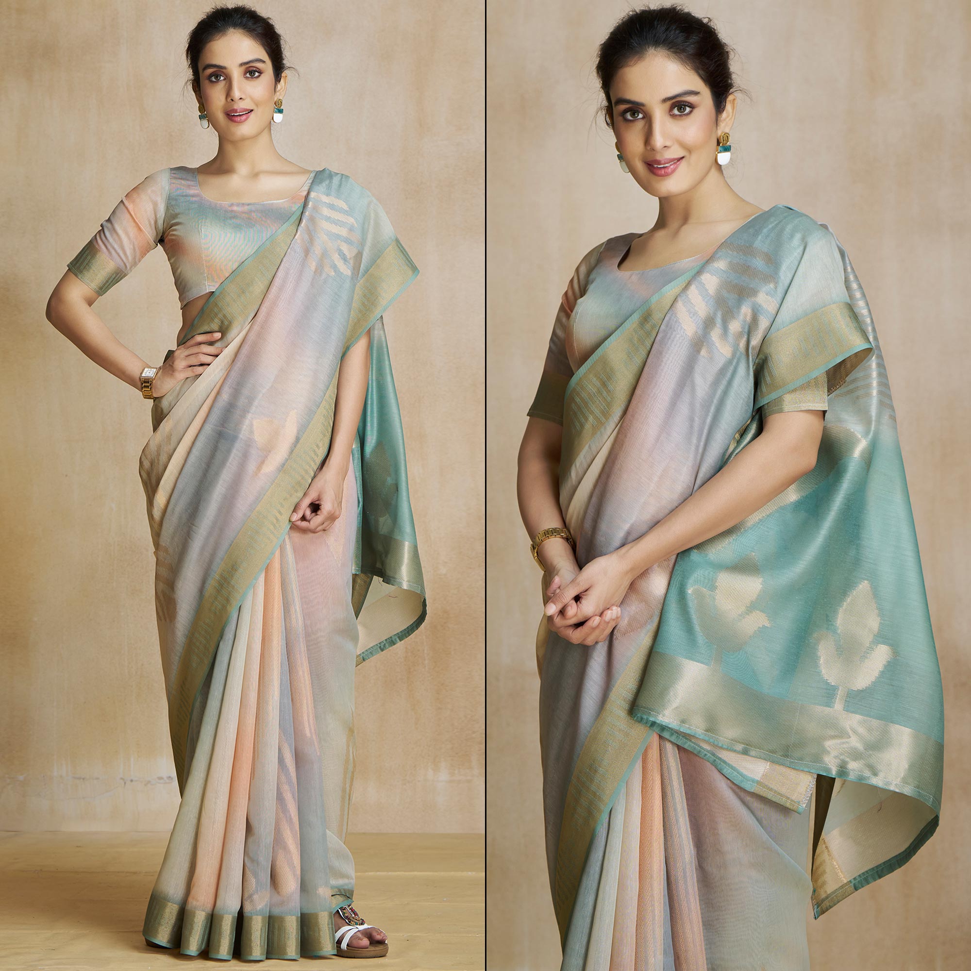 Peachmode Sea Green Digital Printed With Woven Pure Silk Ombre Saree