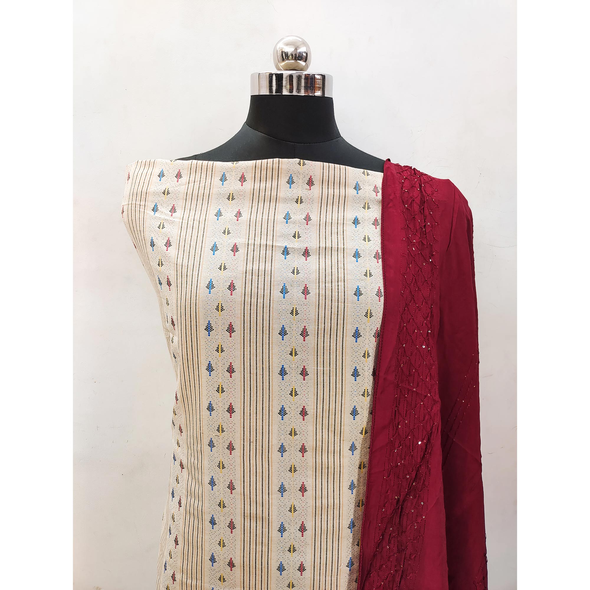 Peachmode Cream Woven Pure Cotton Dress Material - view 4