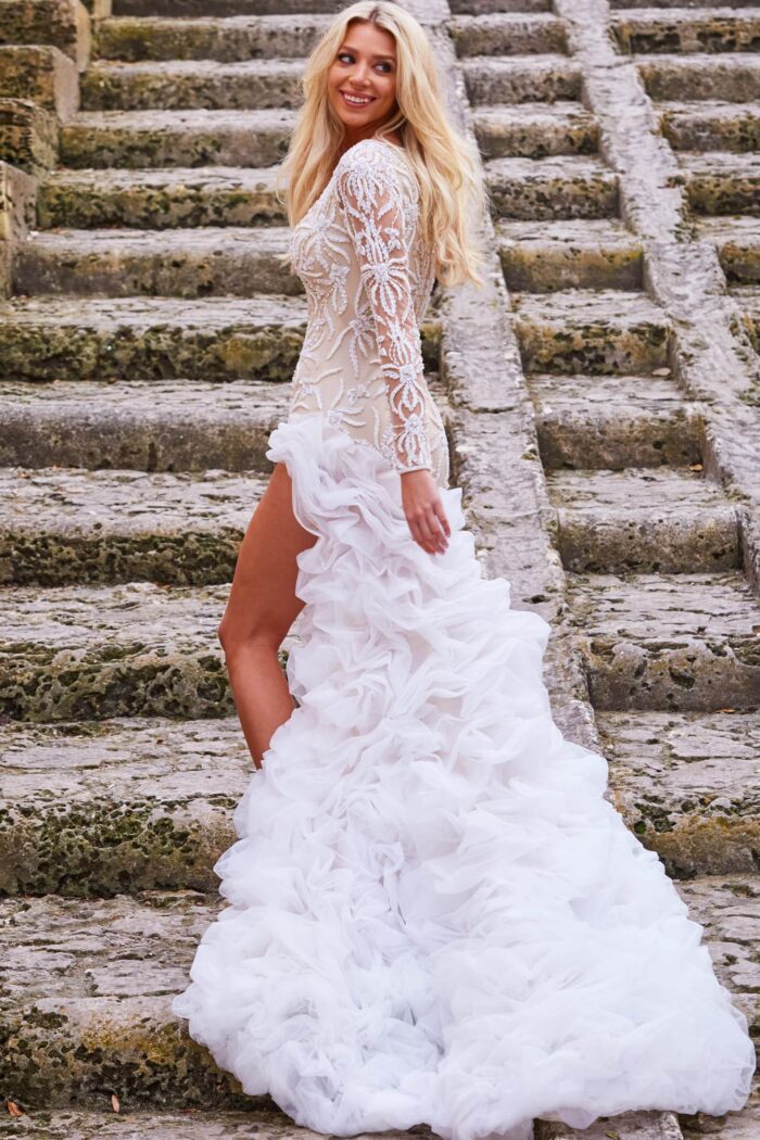 Jovani JB07059 Long Sleeve Beaded Ruffle Wedding Dress - view 2