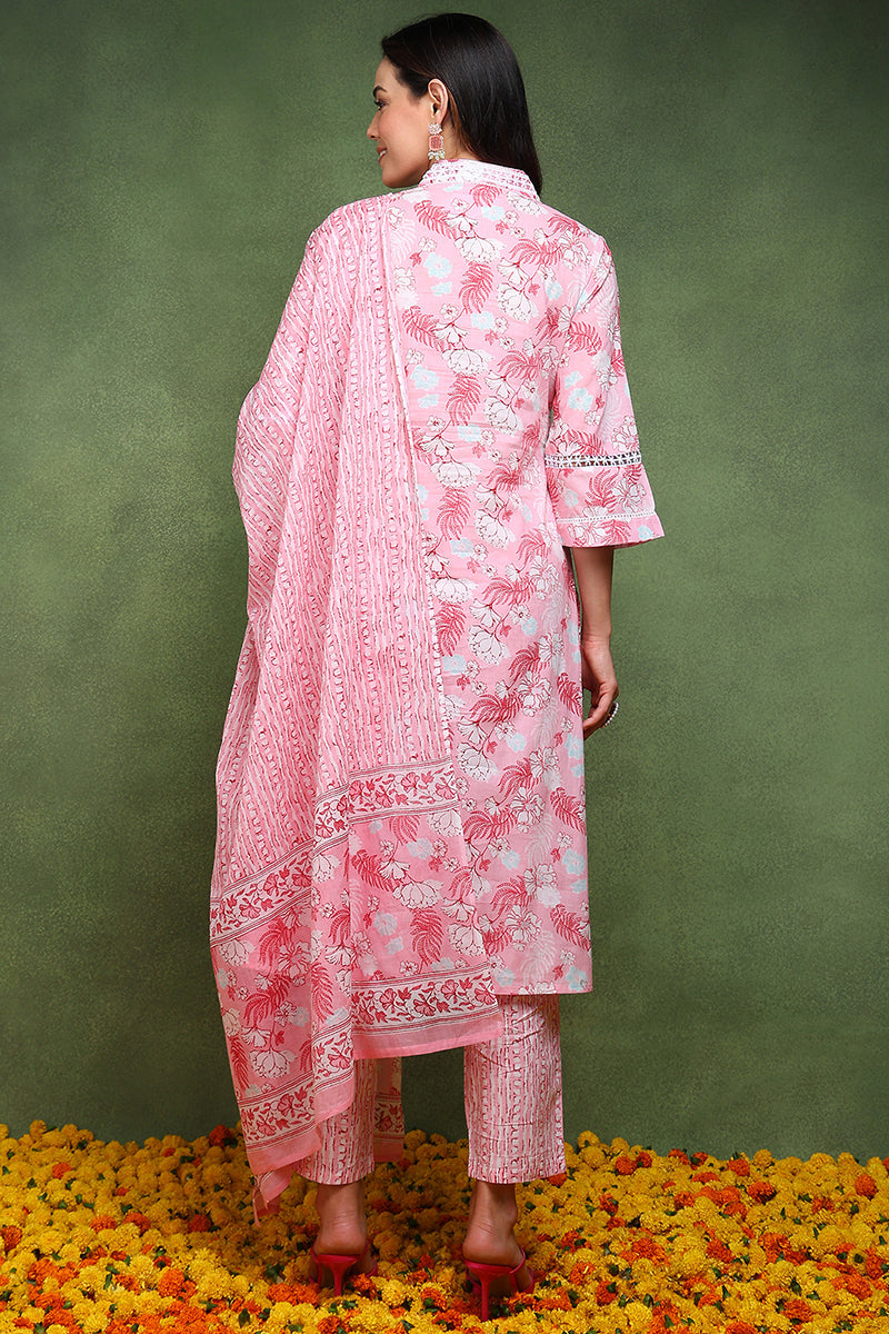 Ahika Pink Pure Cotton Floral Printed Straight Suit Set JPSKD1015PNK - view 5