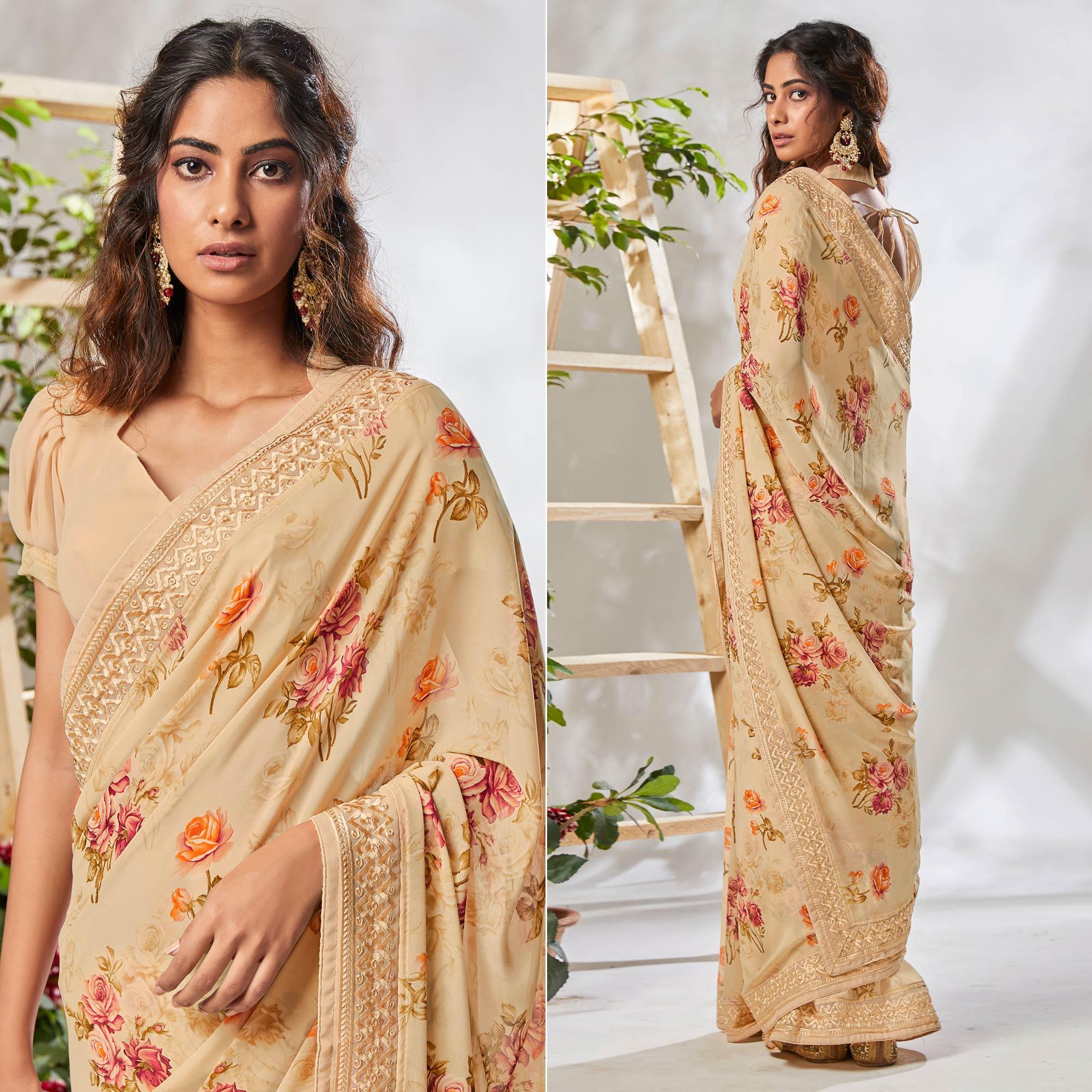 Peachmode Cream Floral Printed With Embroidered Border Georgette Saree