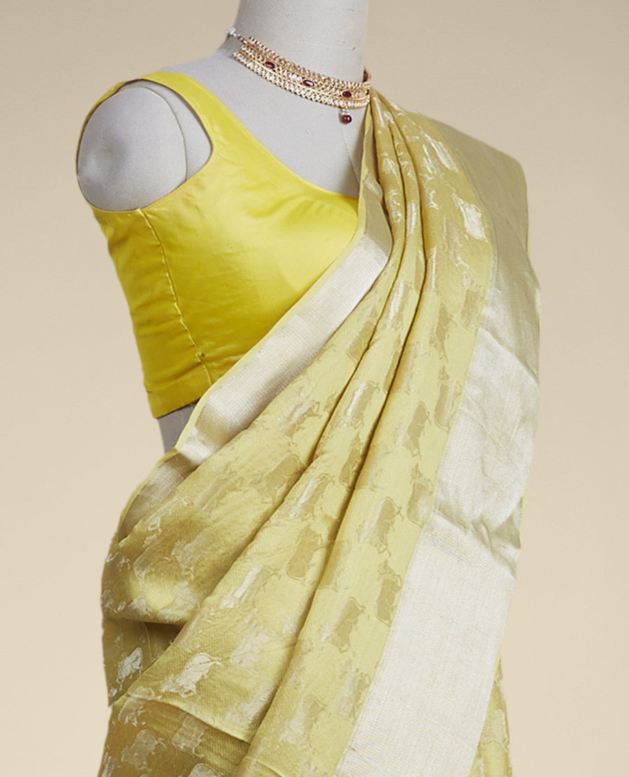 Pothys Yellow anial motifs pure crepe saree with self zari border