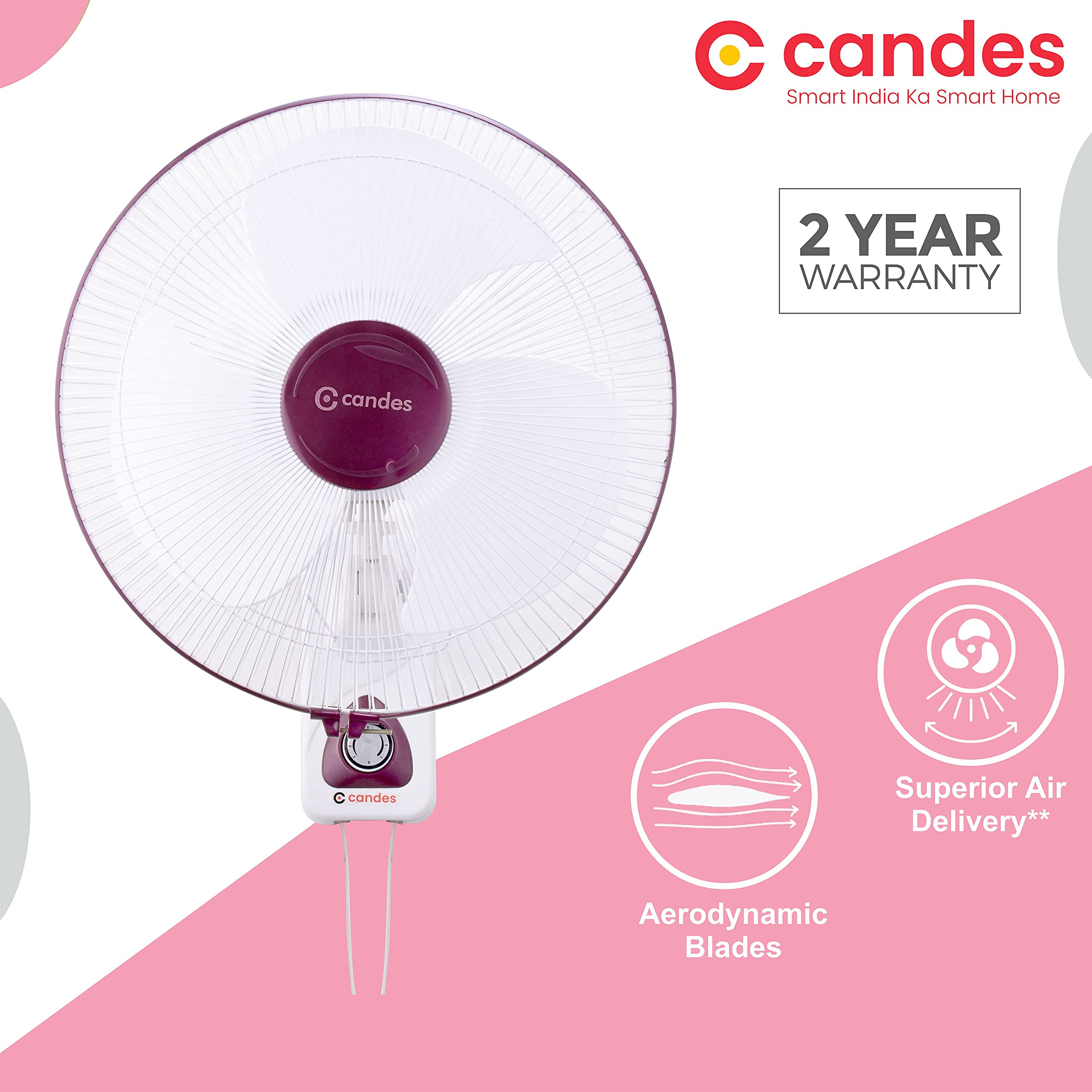 Candes Aura 3 Blade Automatic Oscillation Wall Fan With 2 Year Warranty (White Cherry, 400mm) - view 3