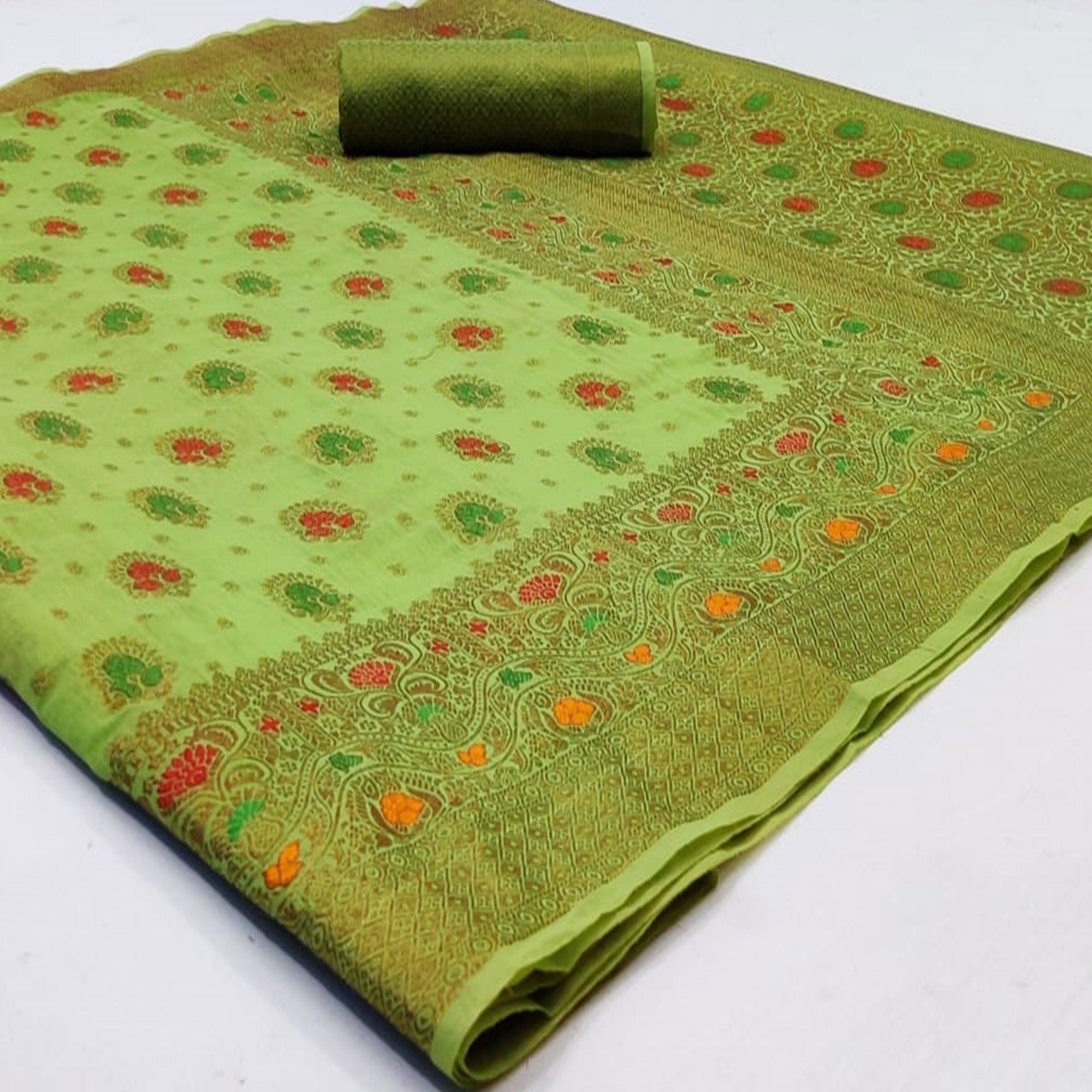 Peachmode Entrancing Green Colored Festive Wear Woven Cotton Saree