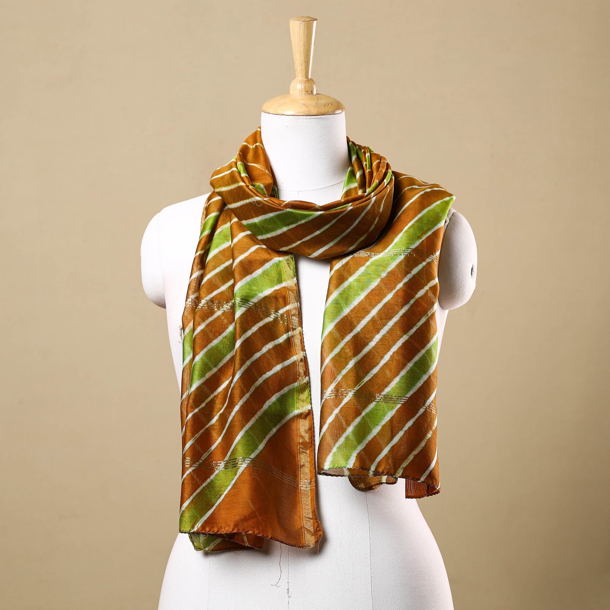 LEHARIYA BY BADSHAH MIYAN Brown - Leheriya Tie-Dye Chanderi Silk Handloom Stole with Zari Border 37