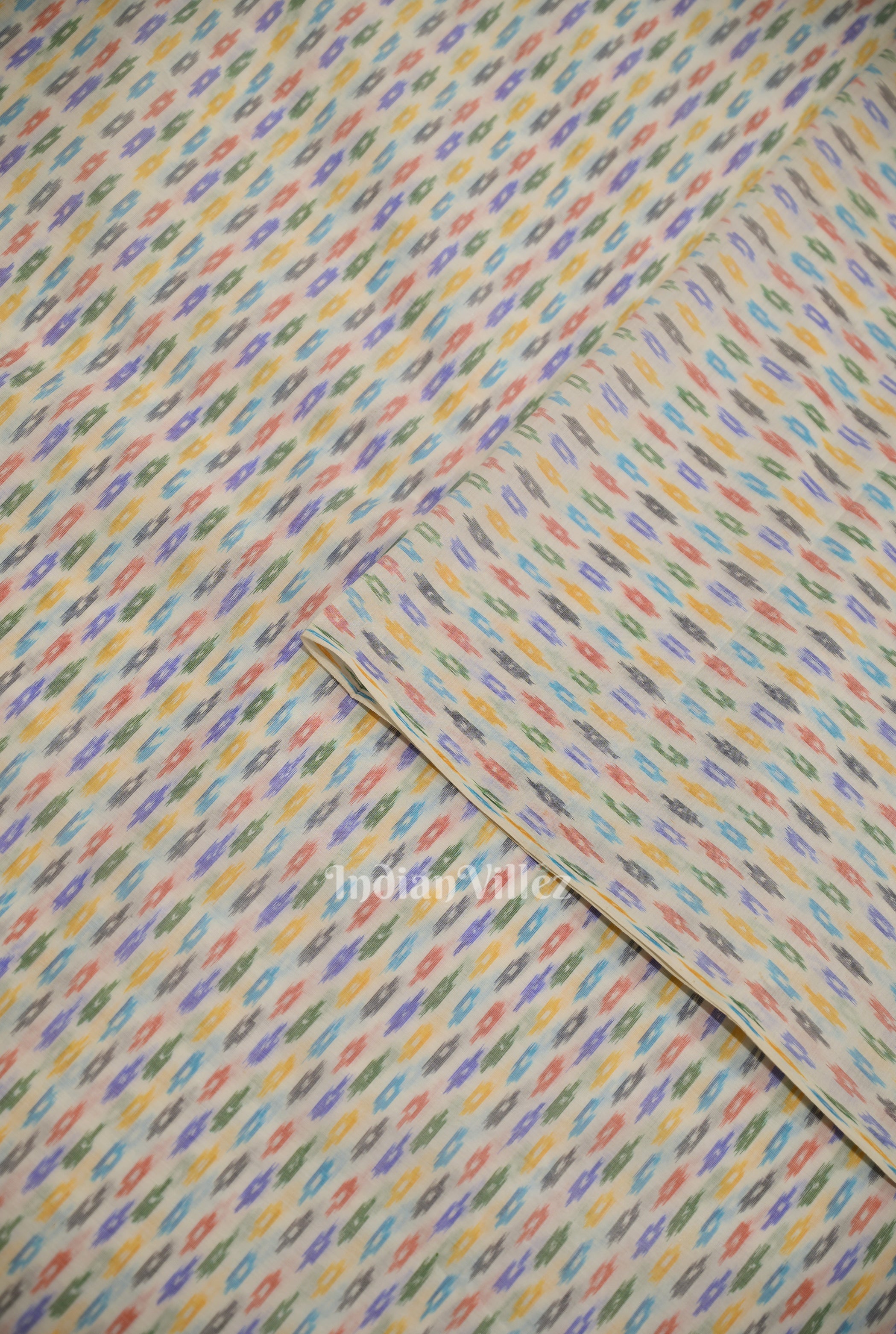 IndianVillèz White with Multi Color Pochampally Ikat Silk & Cotton (Sico) Fabric - view 2