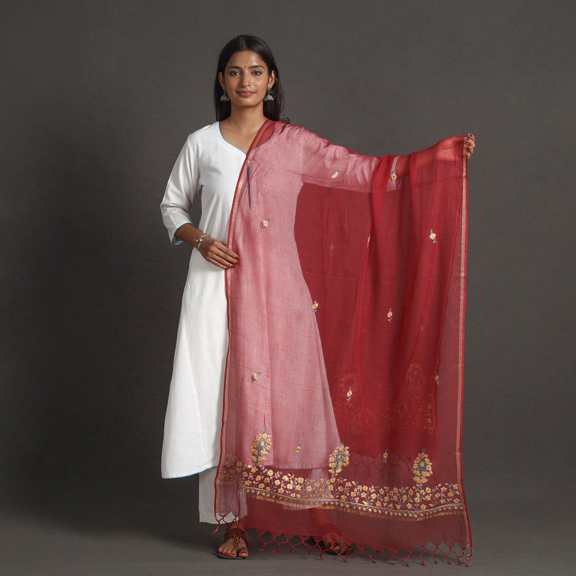 ITOKRI CRAFTS INITIATIVE Kota Doria Silk Cotton Kashida Embroidery Dupatta 41