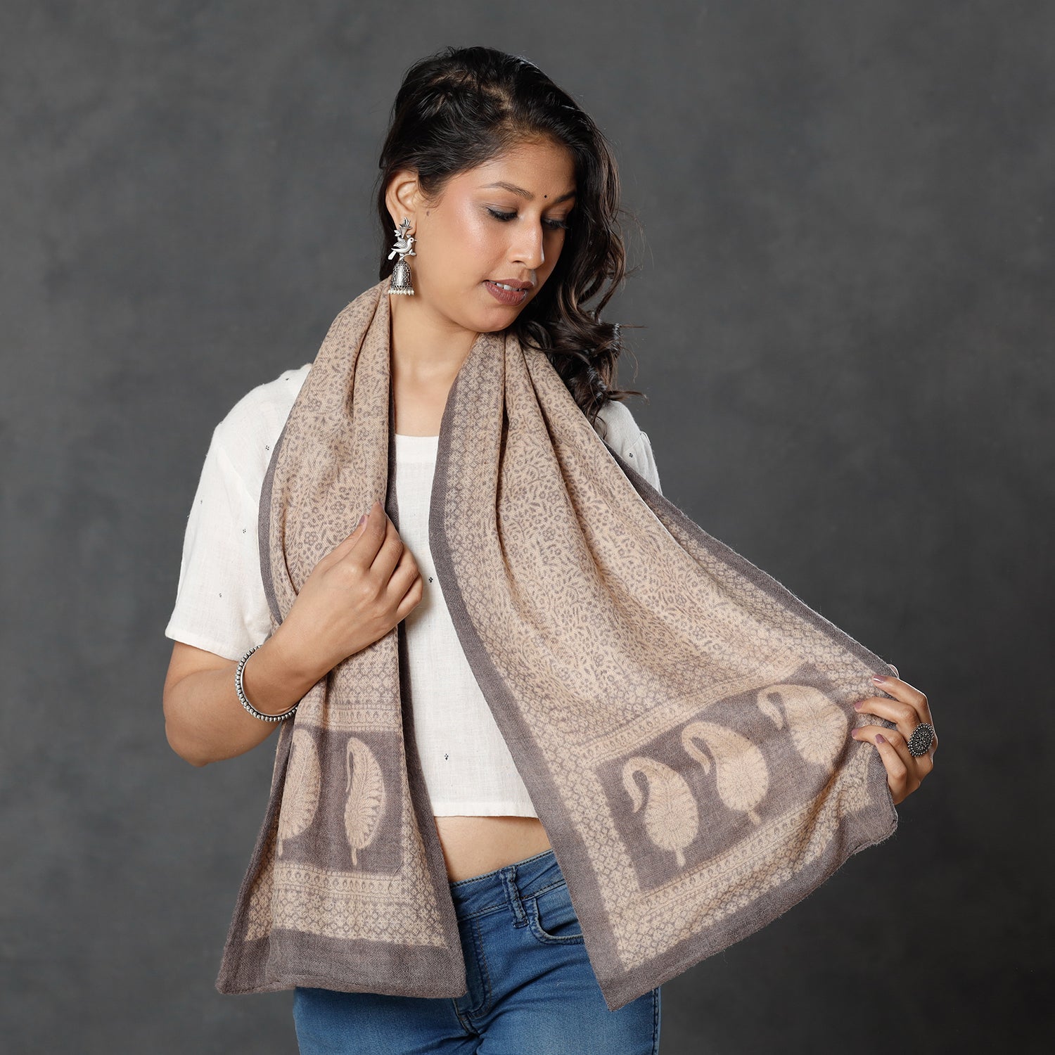 BAGH PRINTS BY MOHAMMED BILAL KHATRI Beige - Bagh Block Printed Natural Dyed Woolen Muffler (61 in) - view 2