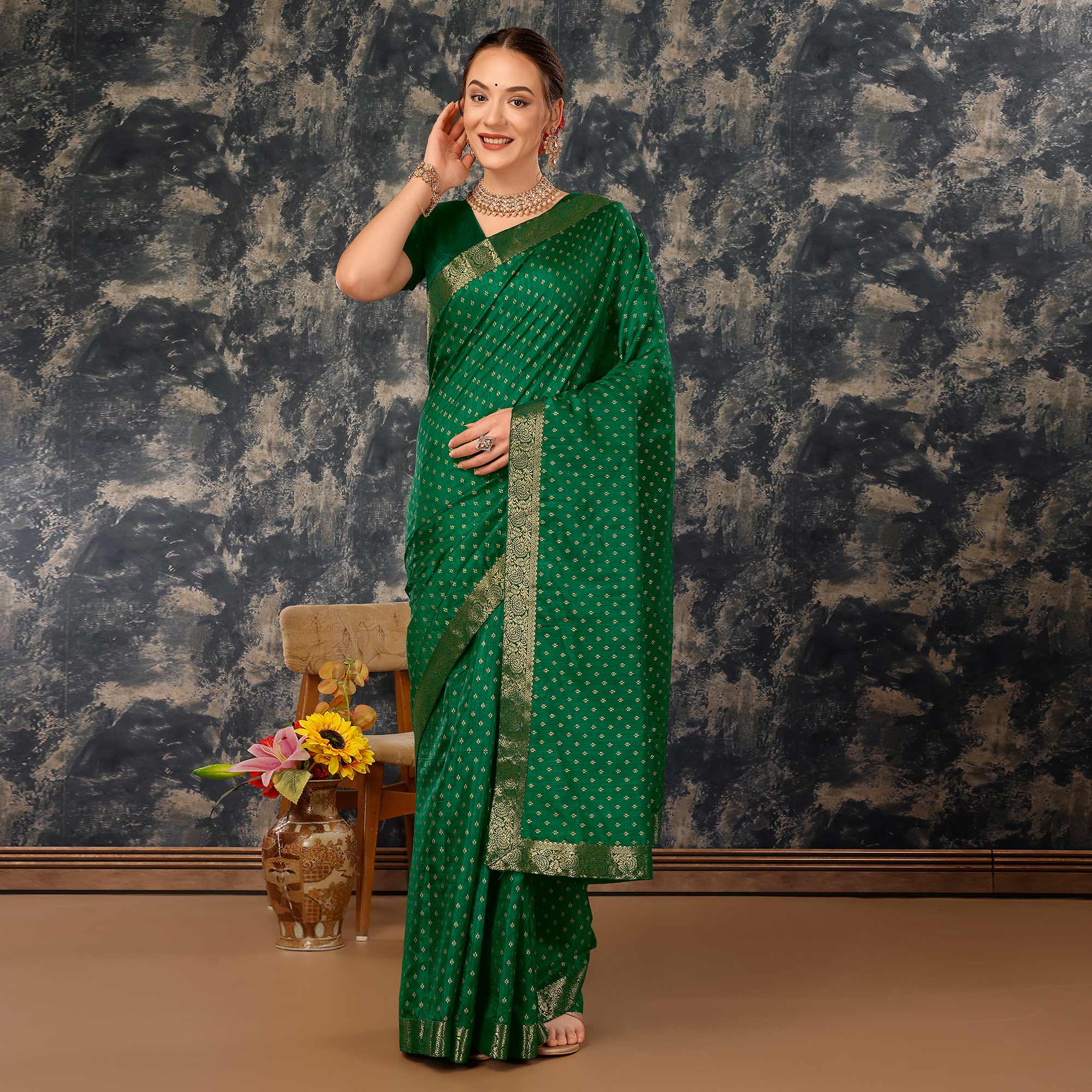 BlackTree green-floral-foil-printed-vichitra-silk-saree-with-lace-border - view 2