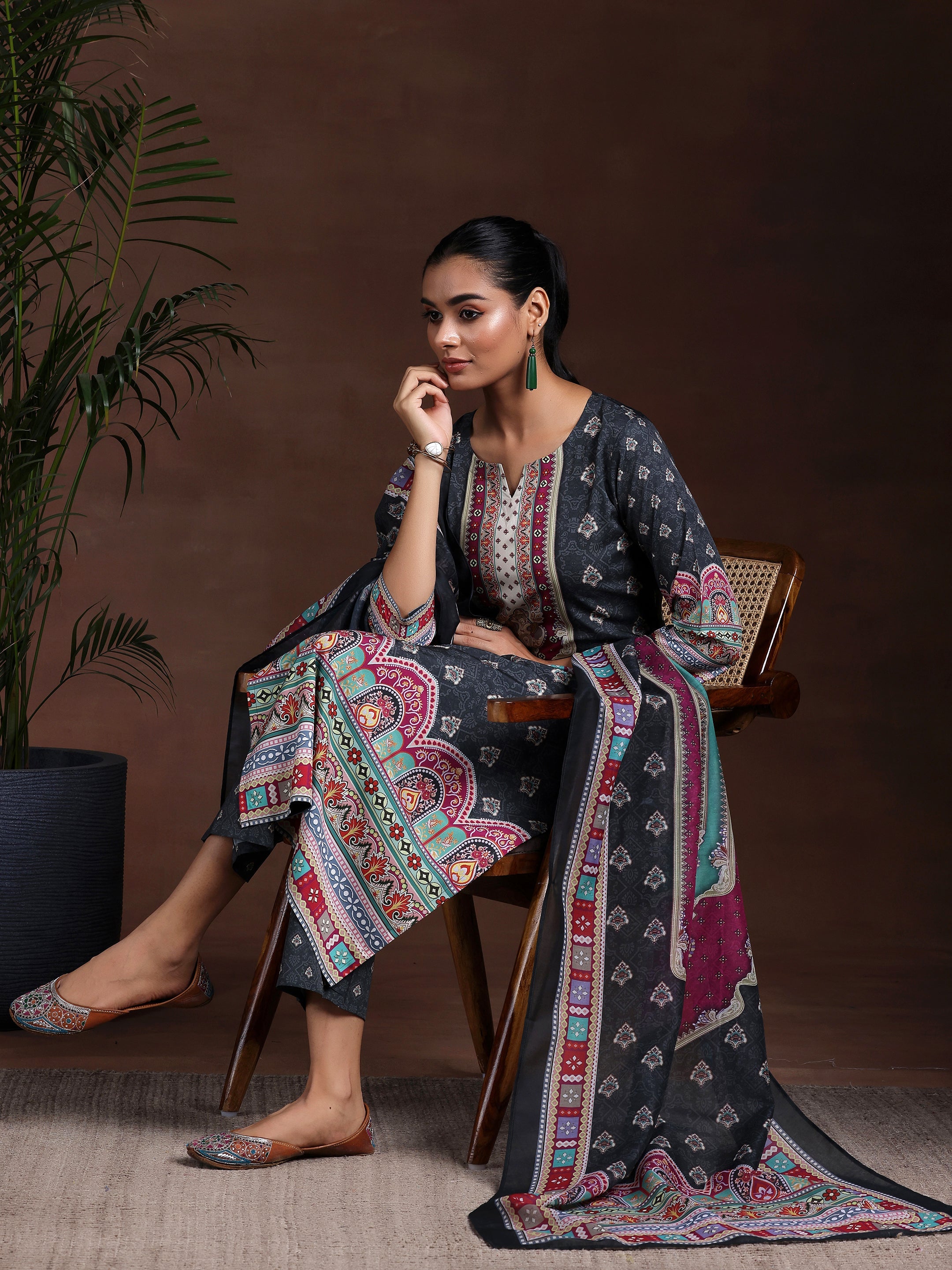 Libas Black Printed Poly Crepe Straight Suit With Dupatta