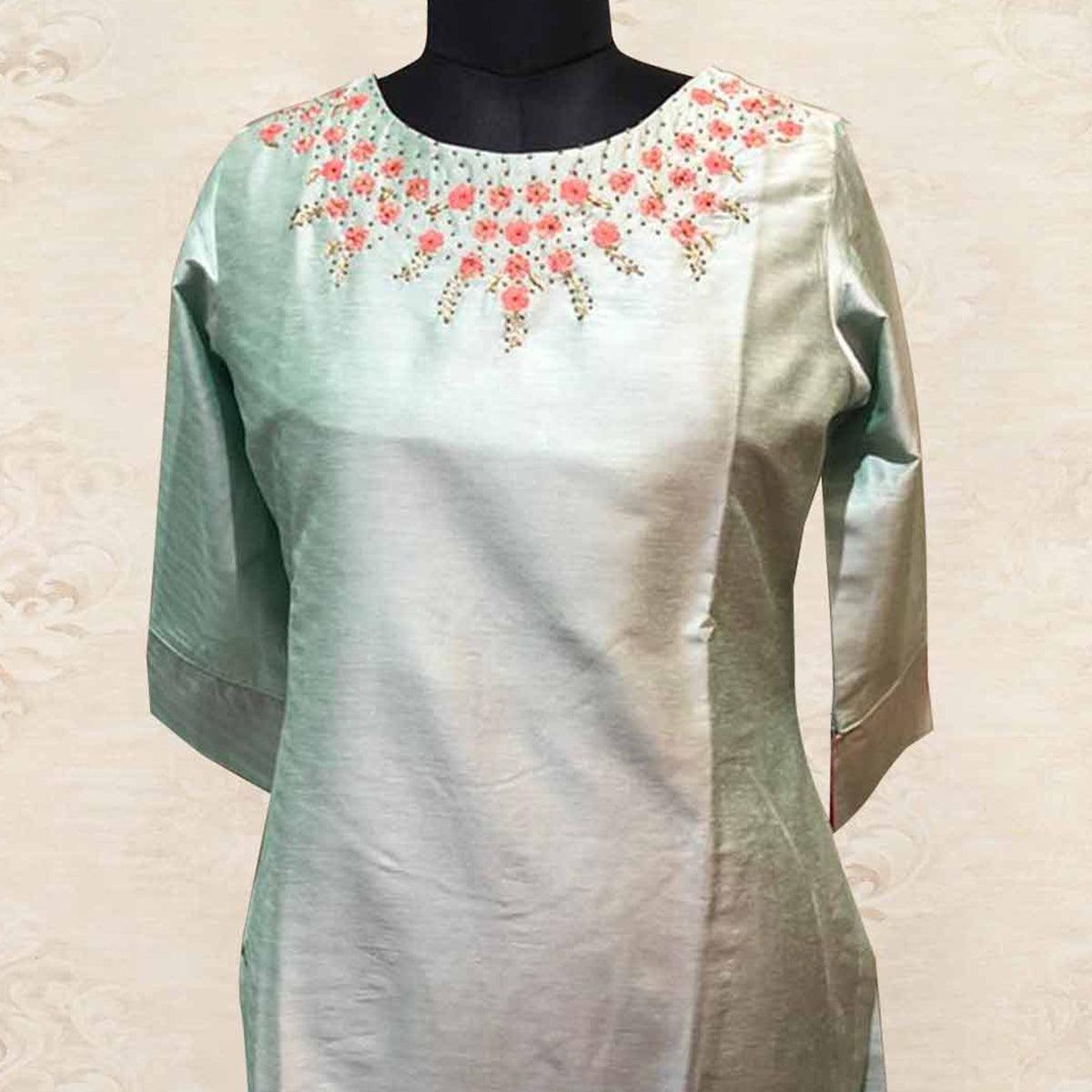 Peachmode Mint Green Floral Embroidered Art Silk Kurti - view 2