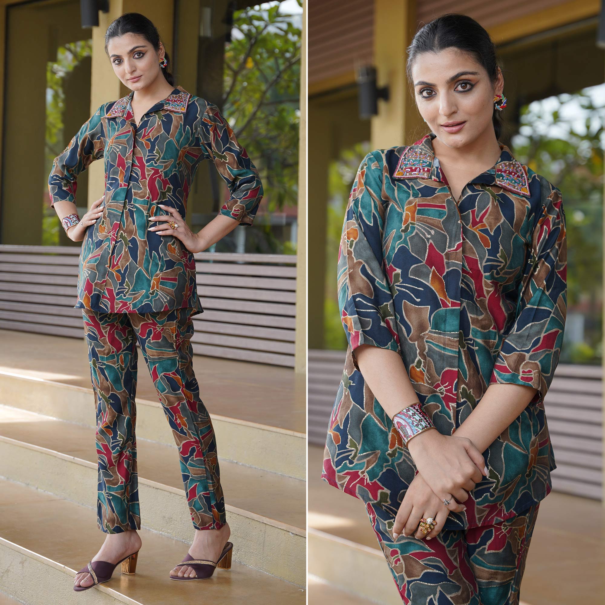 Peachmode Multicolor Foil Printed Modal Co Ord set