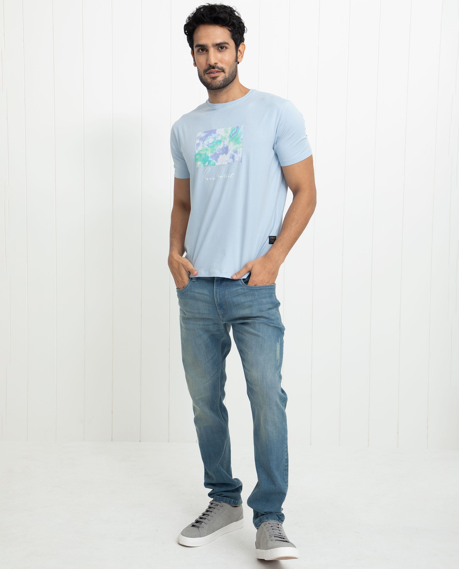 Rare Rabbit Men's Reed Blue Crew Neck Abstract Print With Branding Half Sleeves Slim Fit T-Shirt - view 4